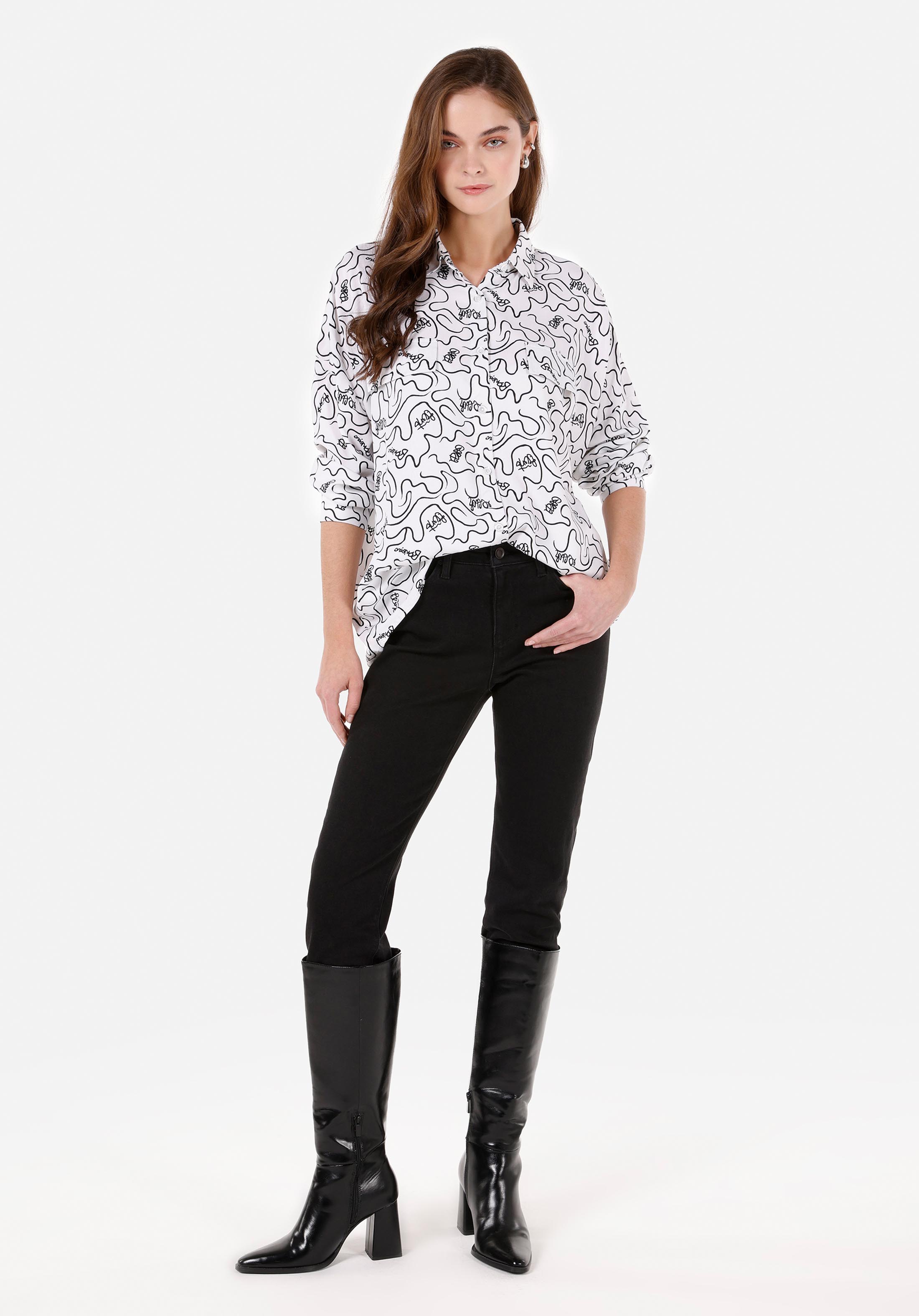 Relaxed Fit Shirt Neck  Kadın Beyaz Uzun Kol Gömlek