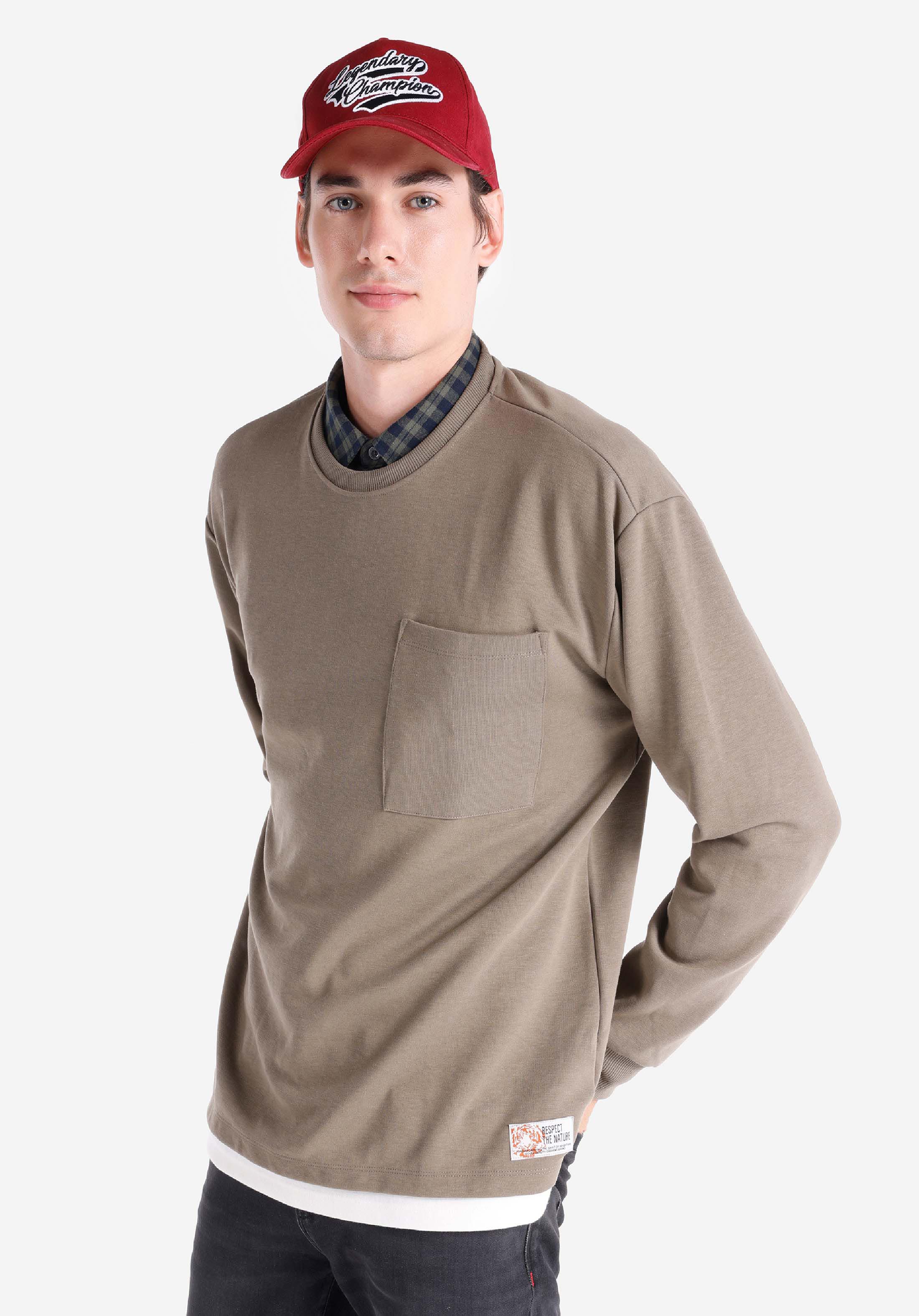 Comfort Fit Yuvarlak Yaka Düz Erkek Gri Uzun Kol Tişört