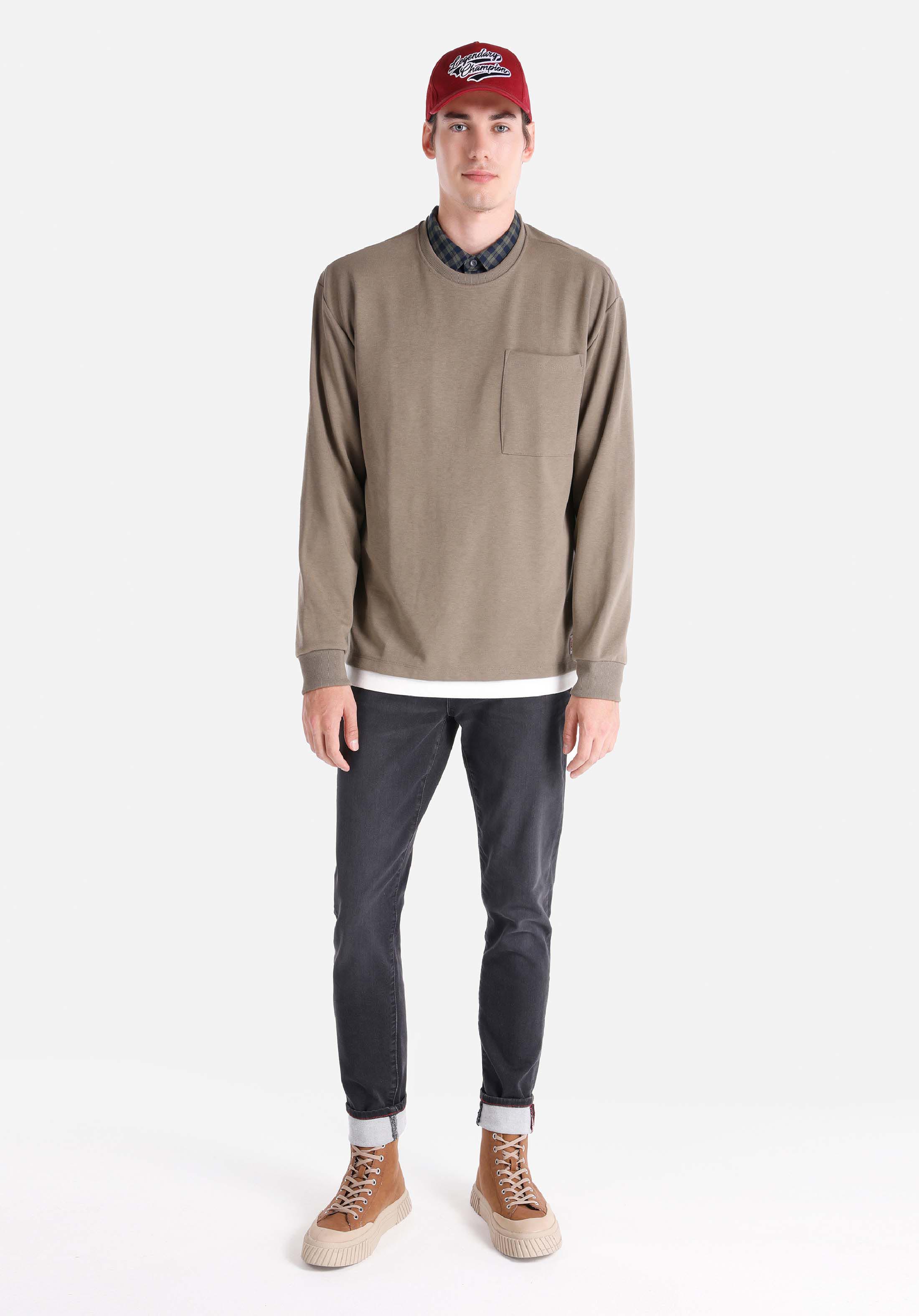 Comfort Fit Yuvarlak Yaka Düz Erkek Gri Uzun Kol Tişört