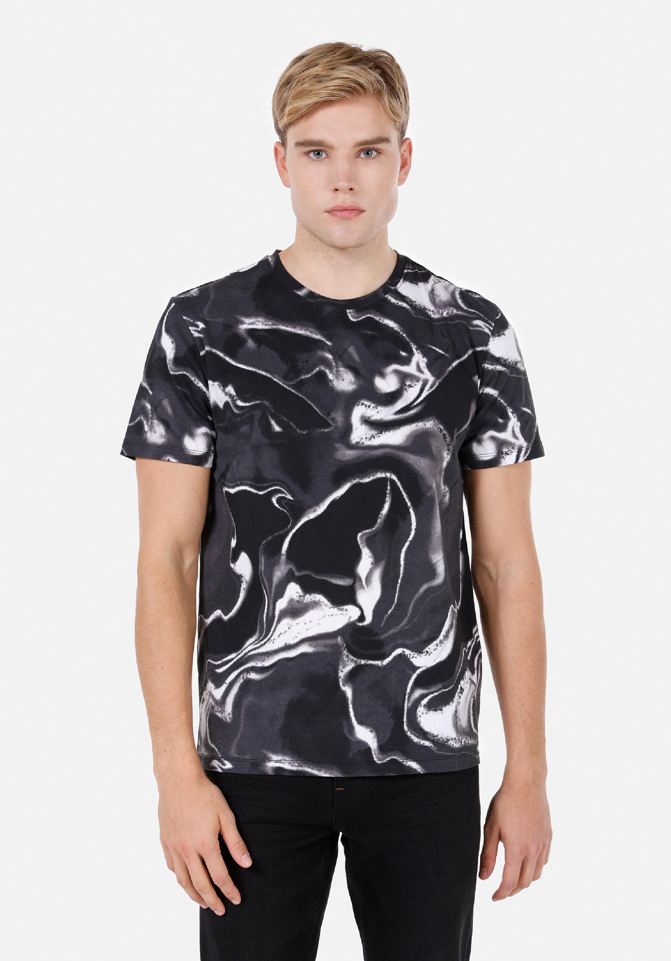 Regular Fit Yuvarlak Yaka Batik Erkek Siyah Kısa Kol Tişört