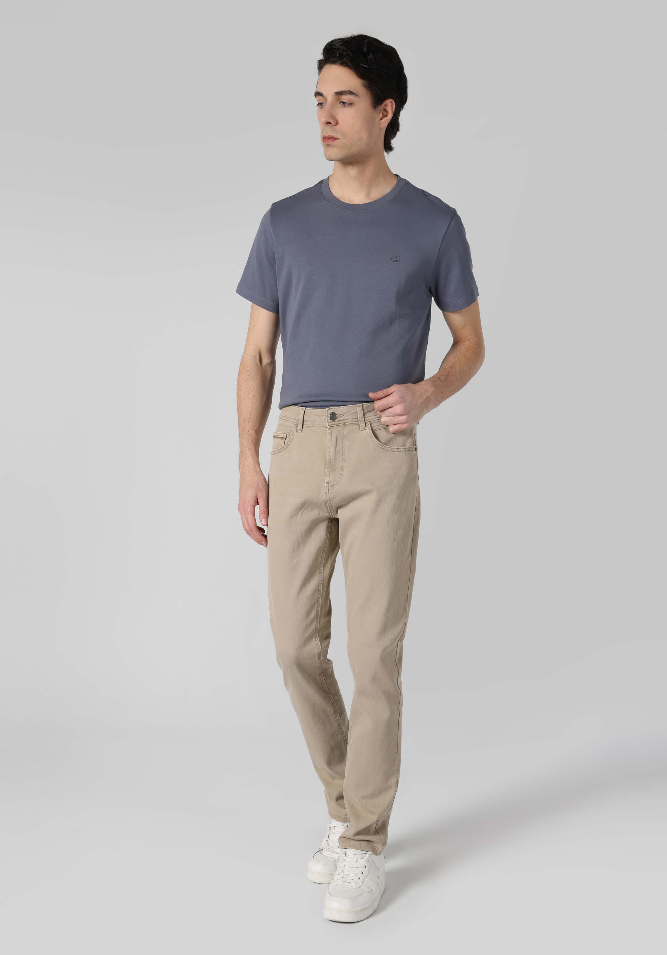 Straight Fit Orta Bel Düz Paça Erkek Bej  Pantolon