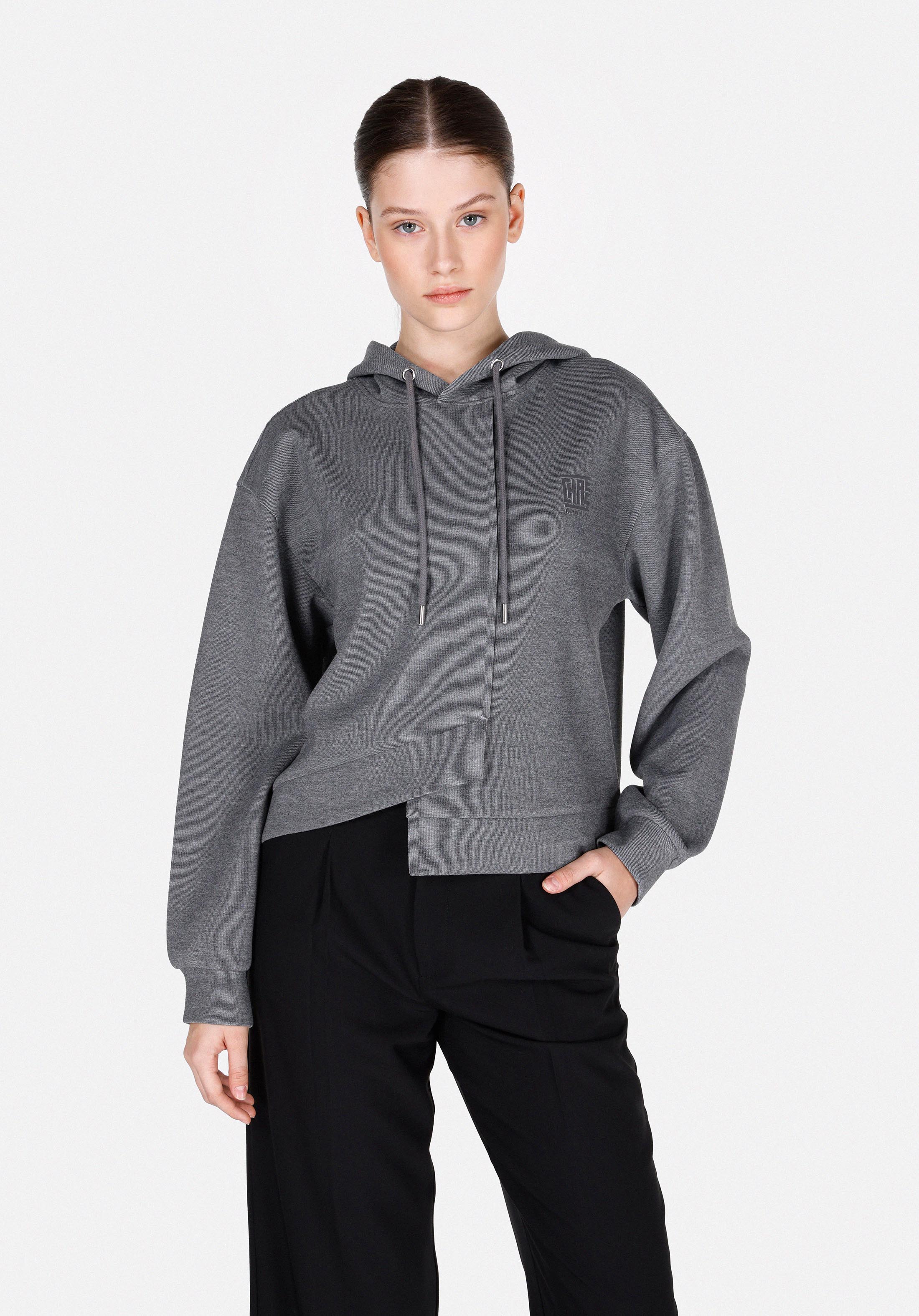 Regular Fit Kapüşonlu Baskılı Kadın Gri Sweatshirt