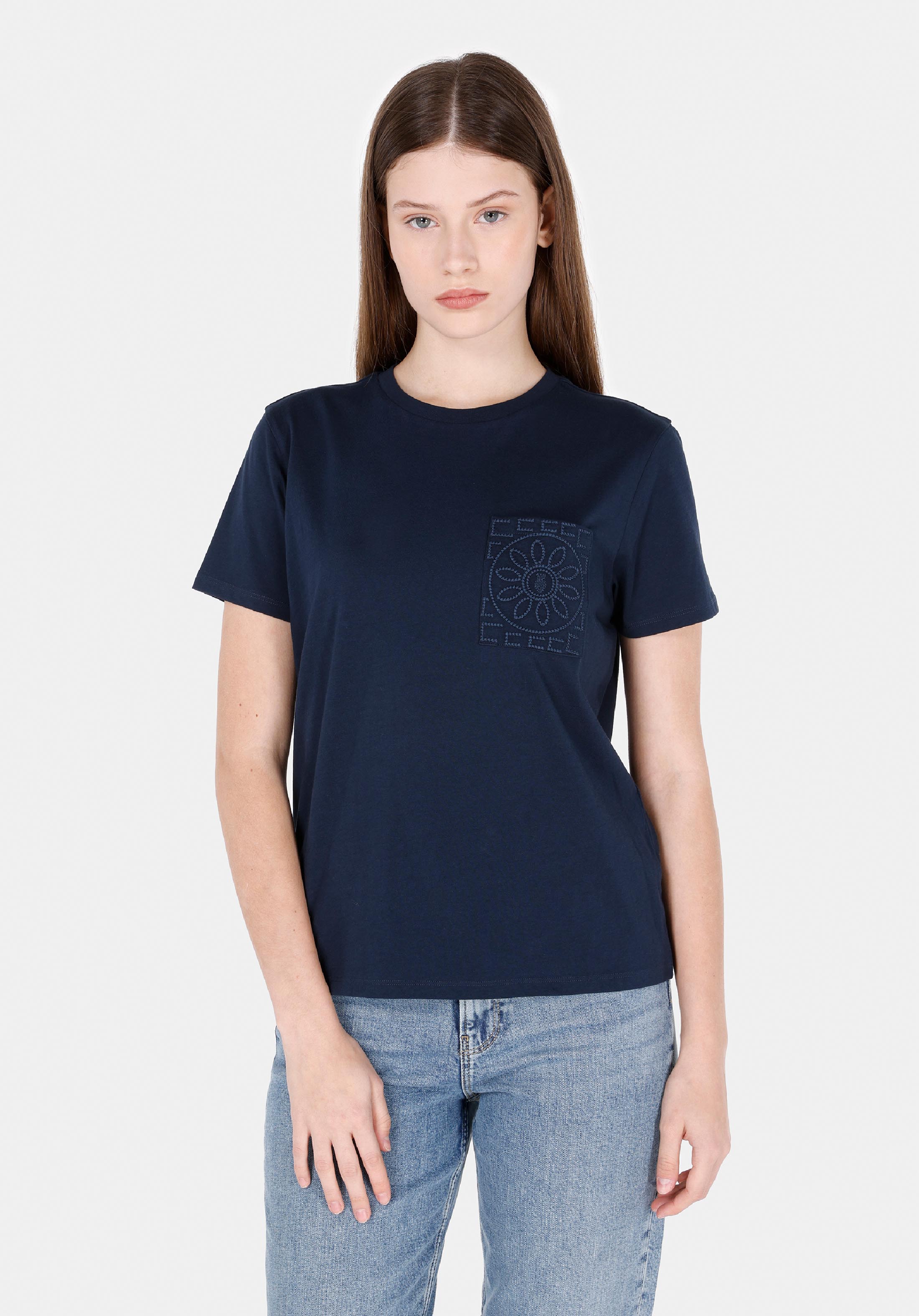 Regular Fit Yuvarlak Yaka Nakışlı Kadın Lacivert Kısa Kol Tişört