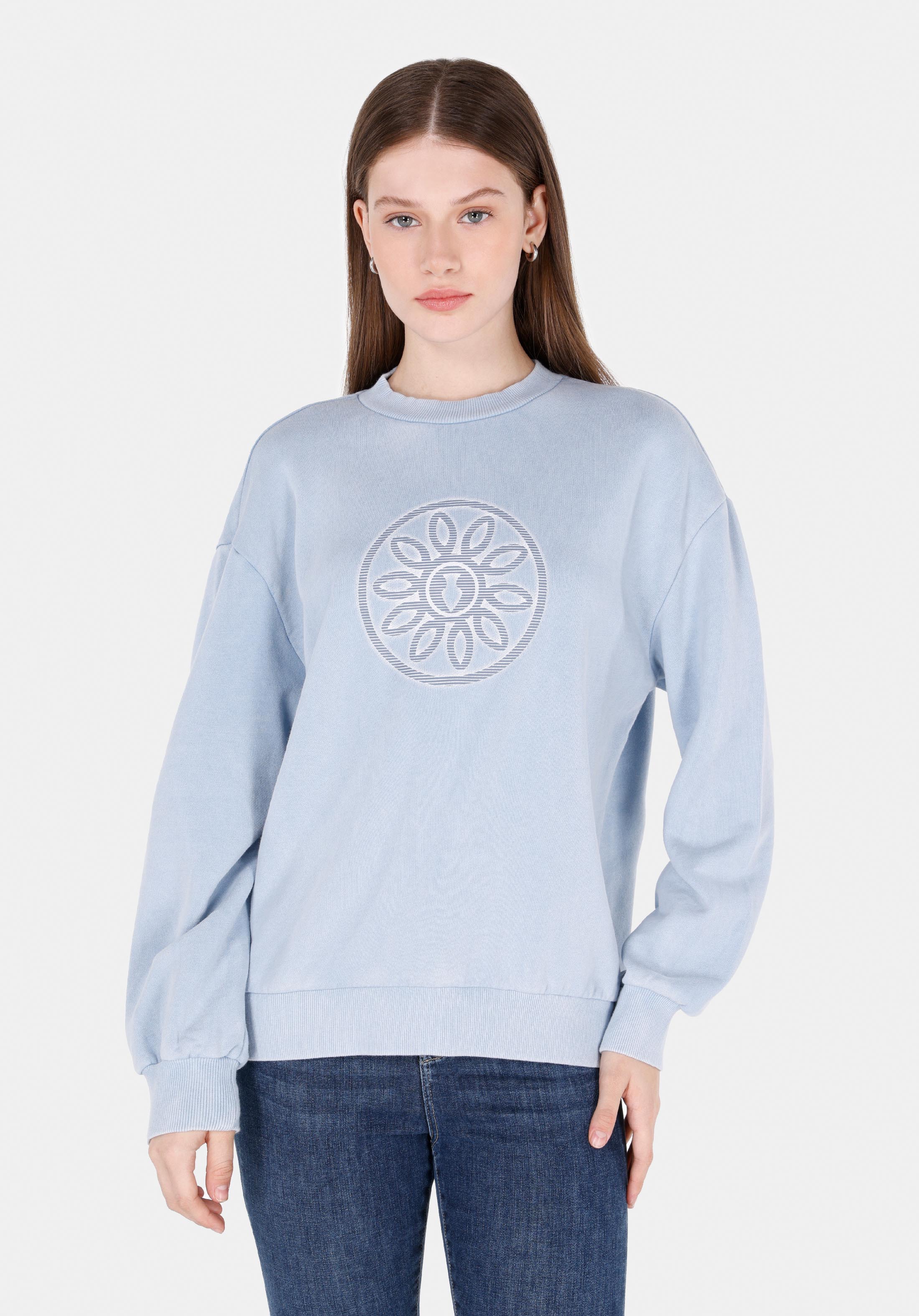 Regular Fit Yuvarlak Yaka Baskılı Kadın Mavi Sweatshirt