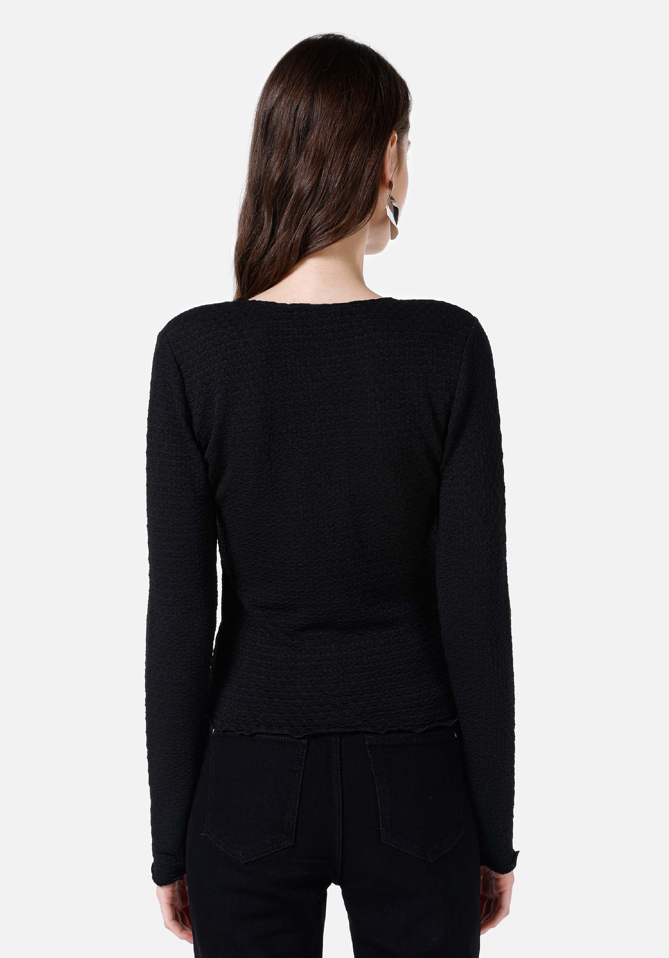 Slim Fit V Yaka  Kadın Siyah Uzun Kol Tişört