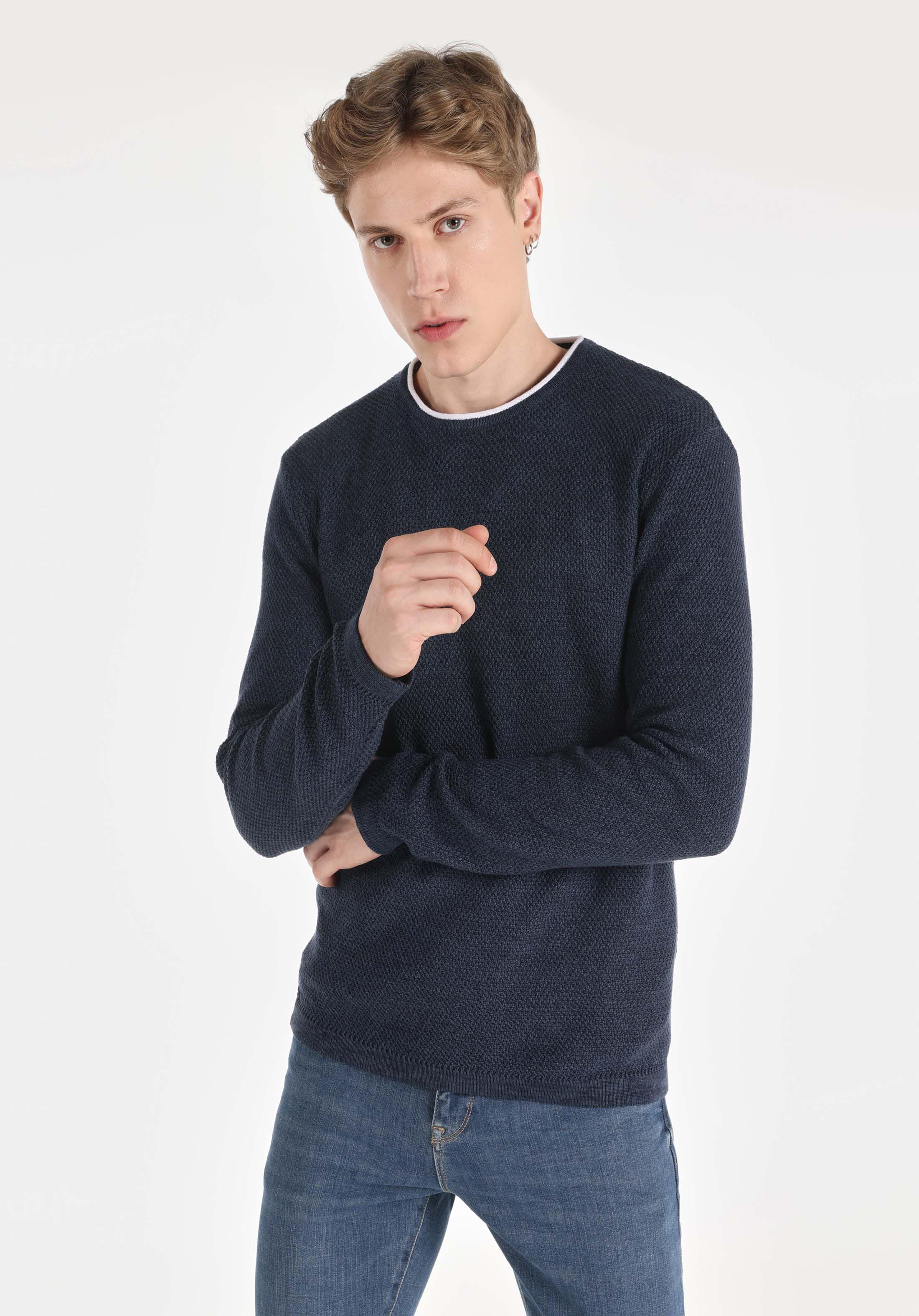 Slim Fit Yuvarlak Yaka Düz Erkek Mavi Kazak