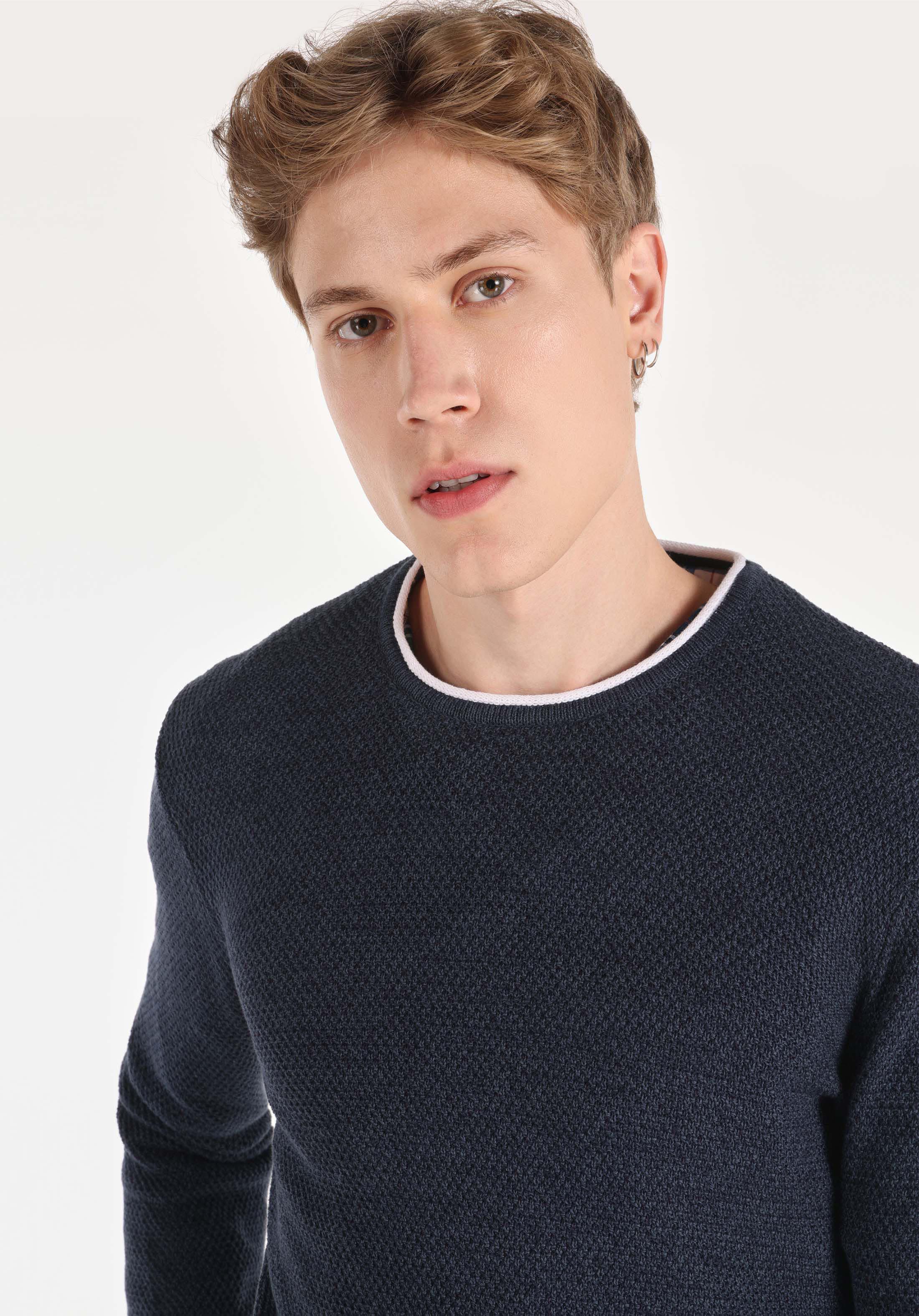 Slim Fit Yuvarlak Yaka Düz Erkek Mavi Kazak