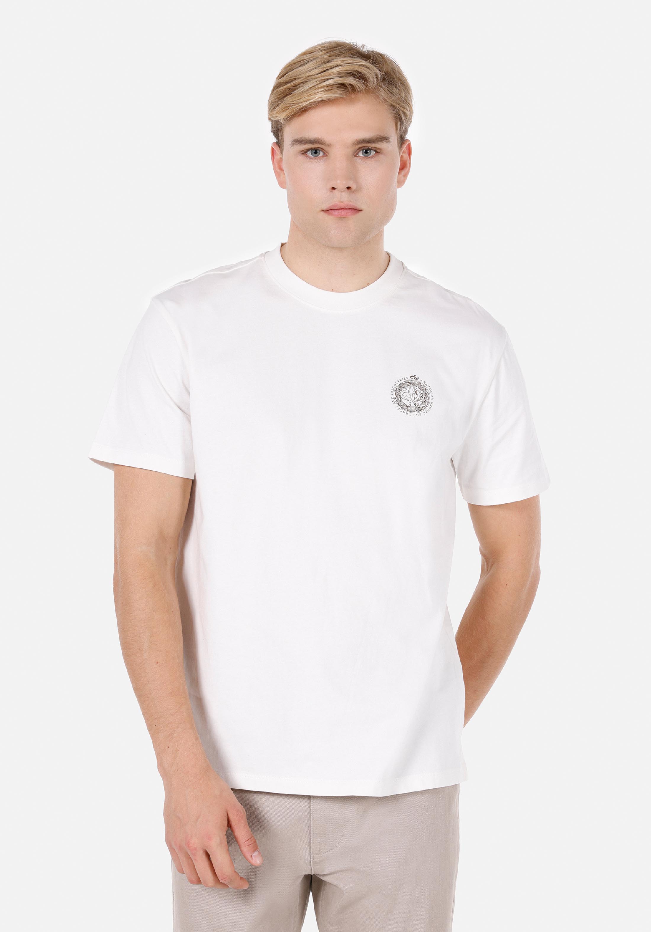 Comfort Fit Yuvarlak Yaka Düz Erkek Ekru Kısa Kol Tişört