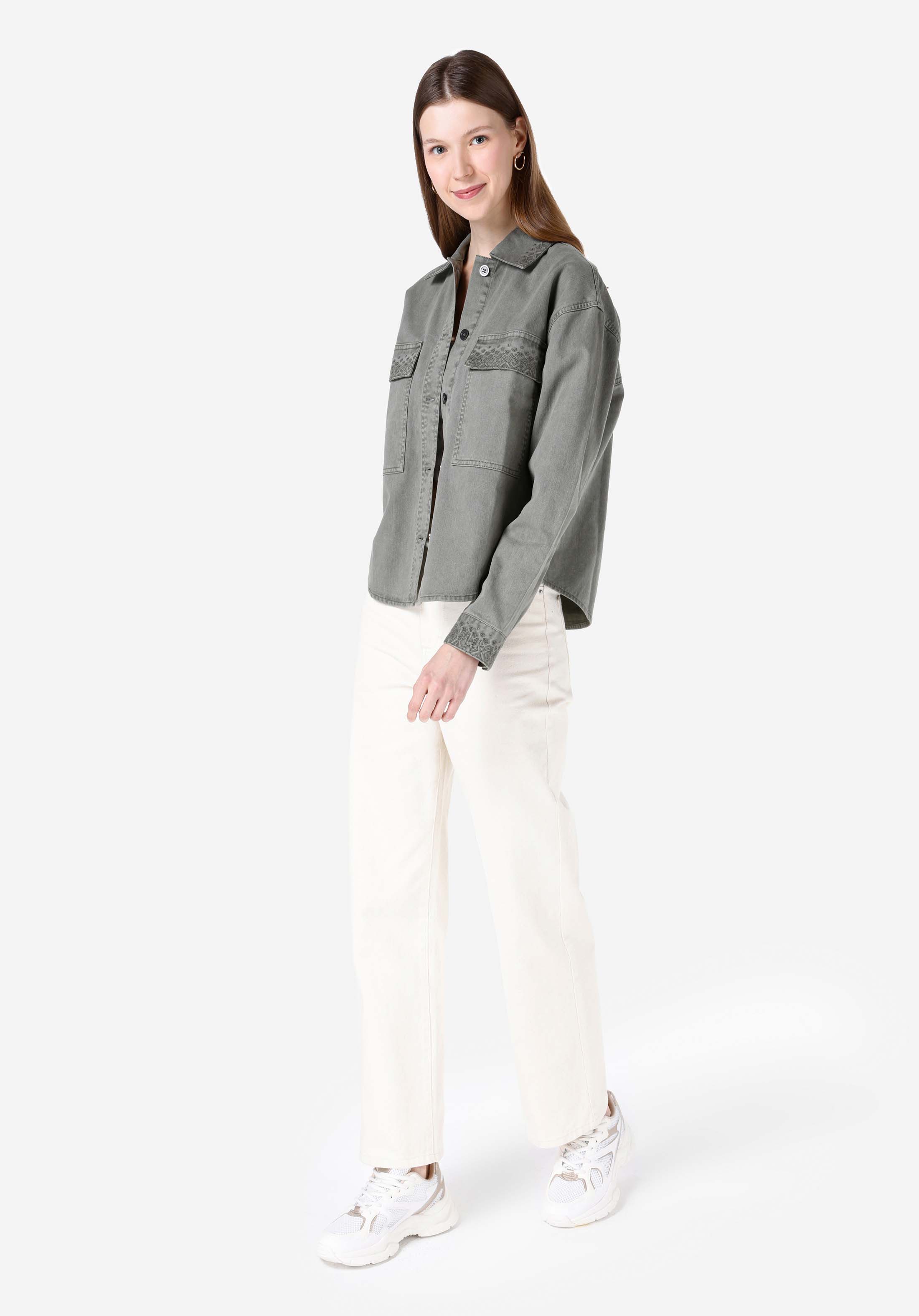 Regular Fit Shirt Neck Baskılı Kadın Yeşil Uzun Kol Gömlek