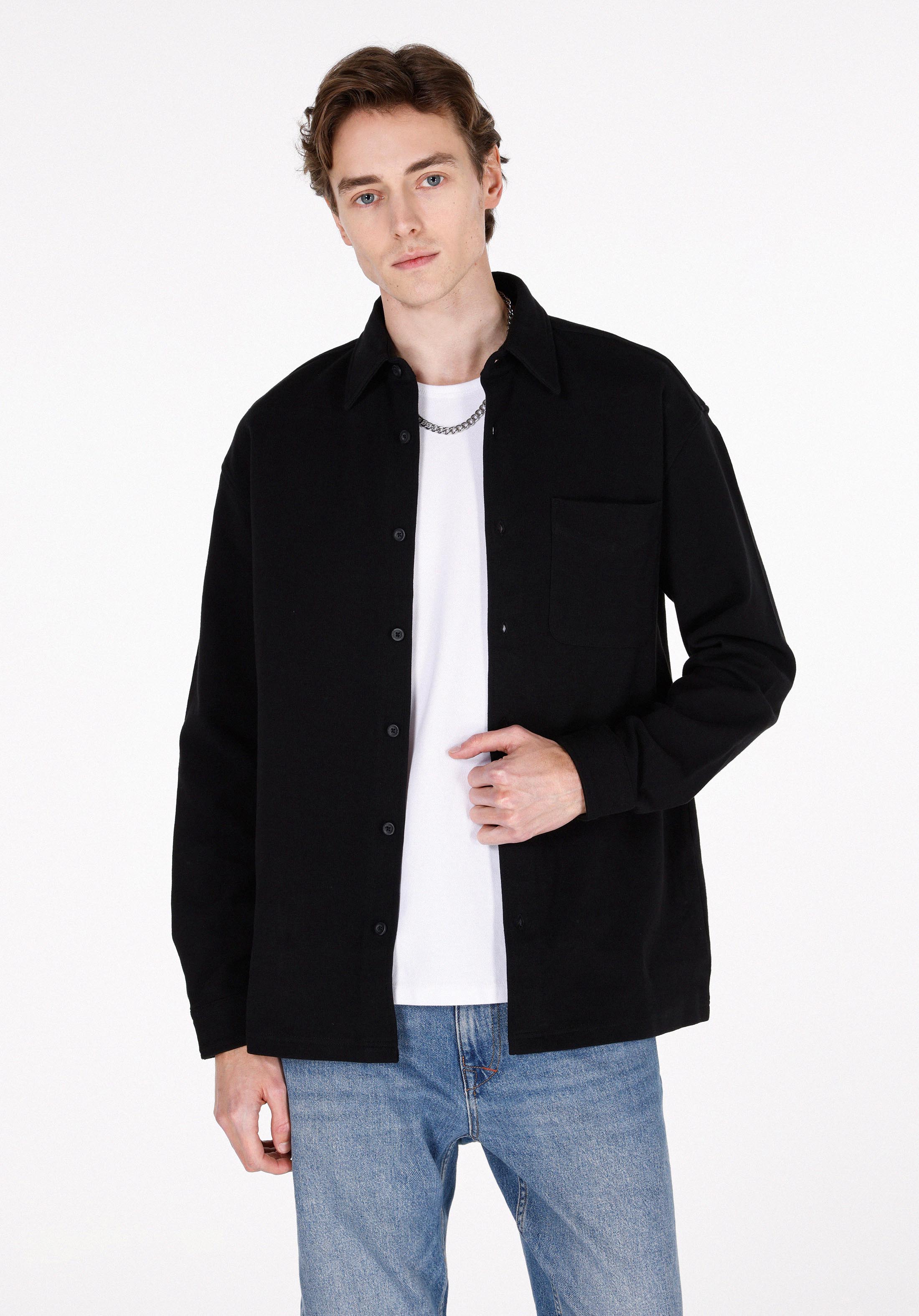 Regular Fit Shirt Neck Düz Erkek Siyah Uzun Kol Gömlek