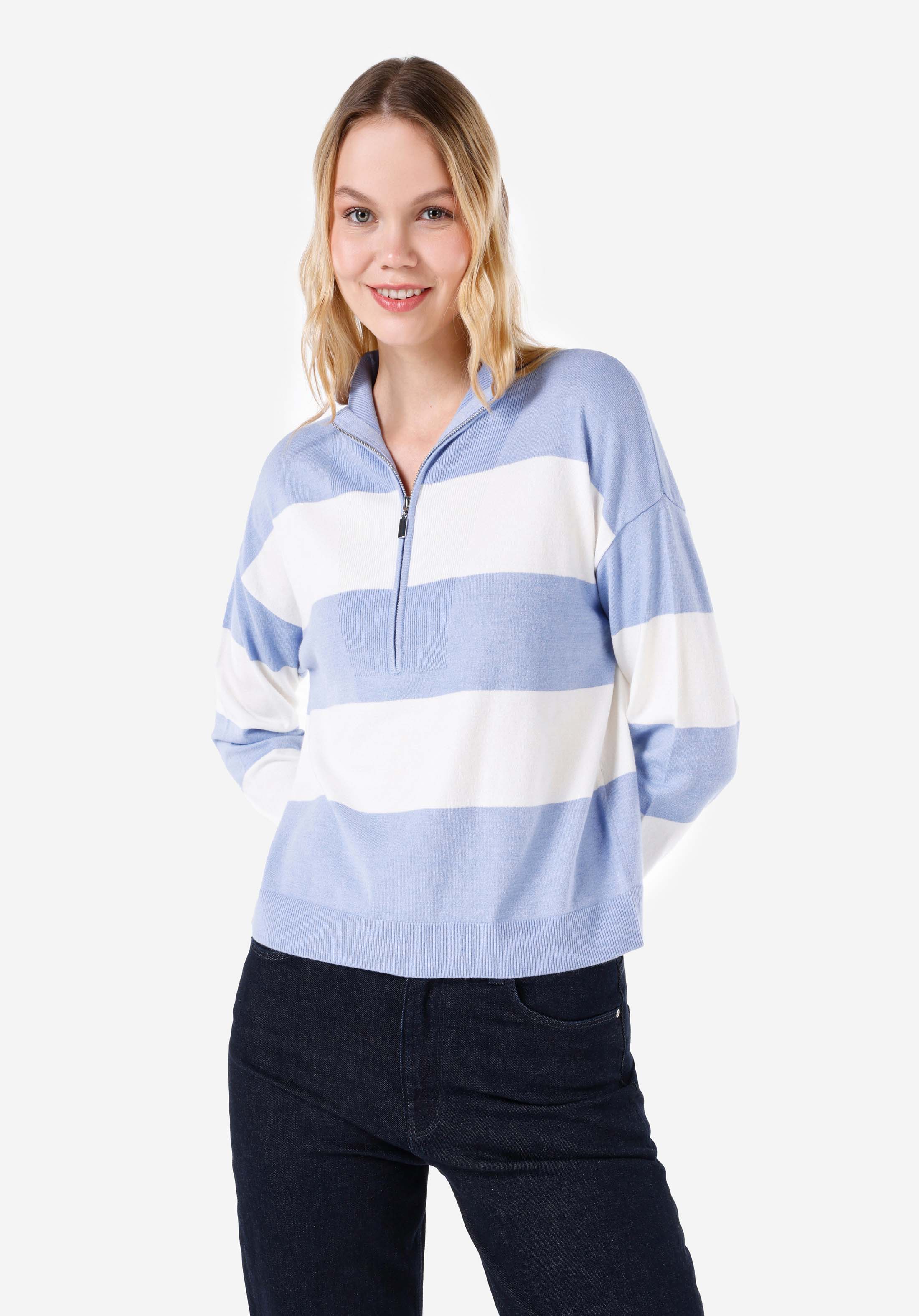 Regular Fit Fermuarlı Çizgili Kadın Mavi Kazak