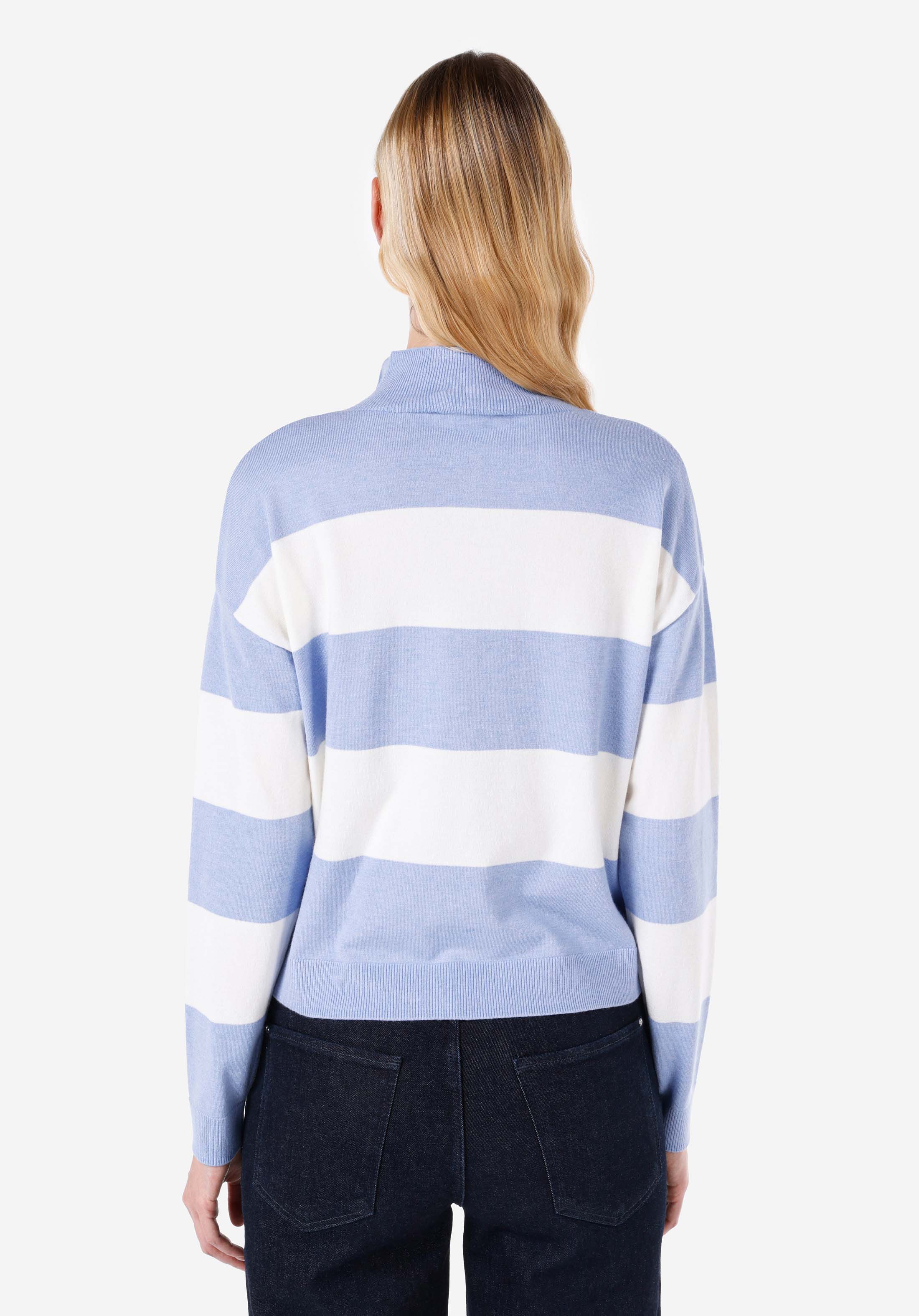 Regular Fit Fermuarlı Çizgili Kadın Mavi Kazak