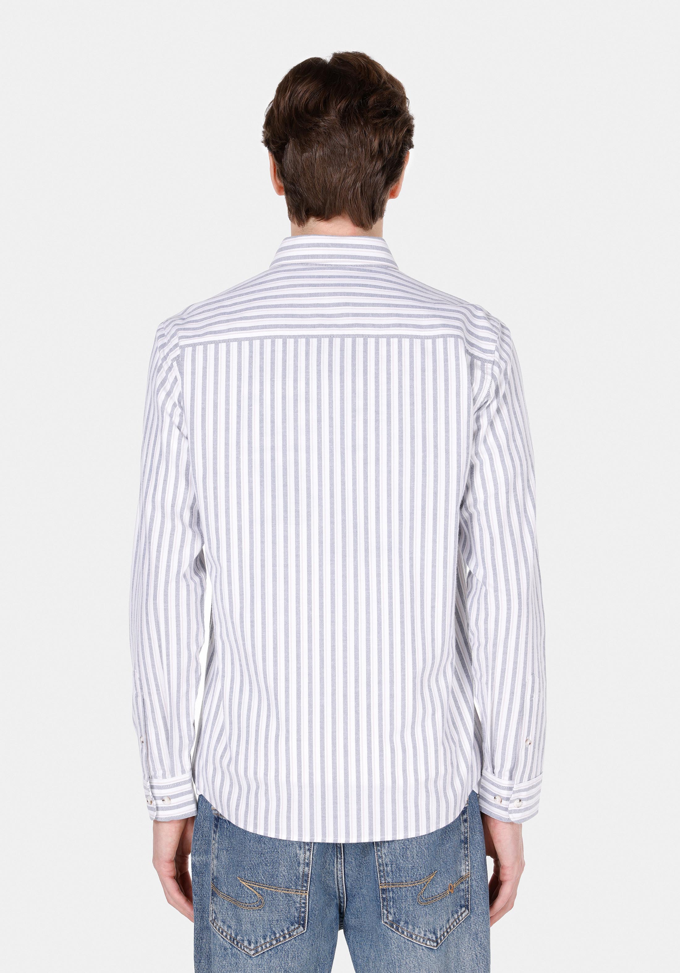 Slim Fit Shirt Neck Çizgili Erkek Mavi Uzun Kol Gömlek