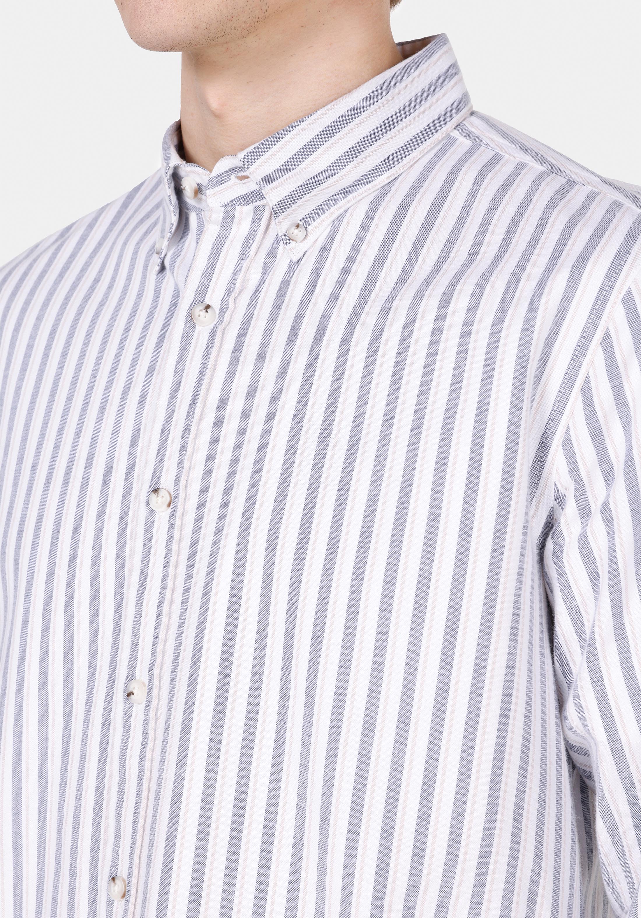 Slim Fit Shirt Neck Çizgili Erkek Mavi Uzun Kol Gömlek