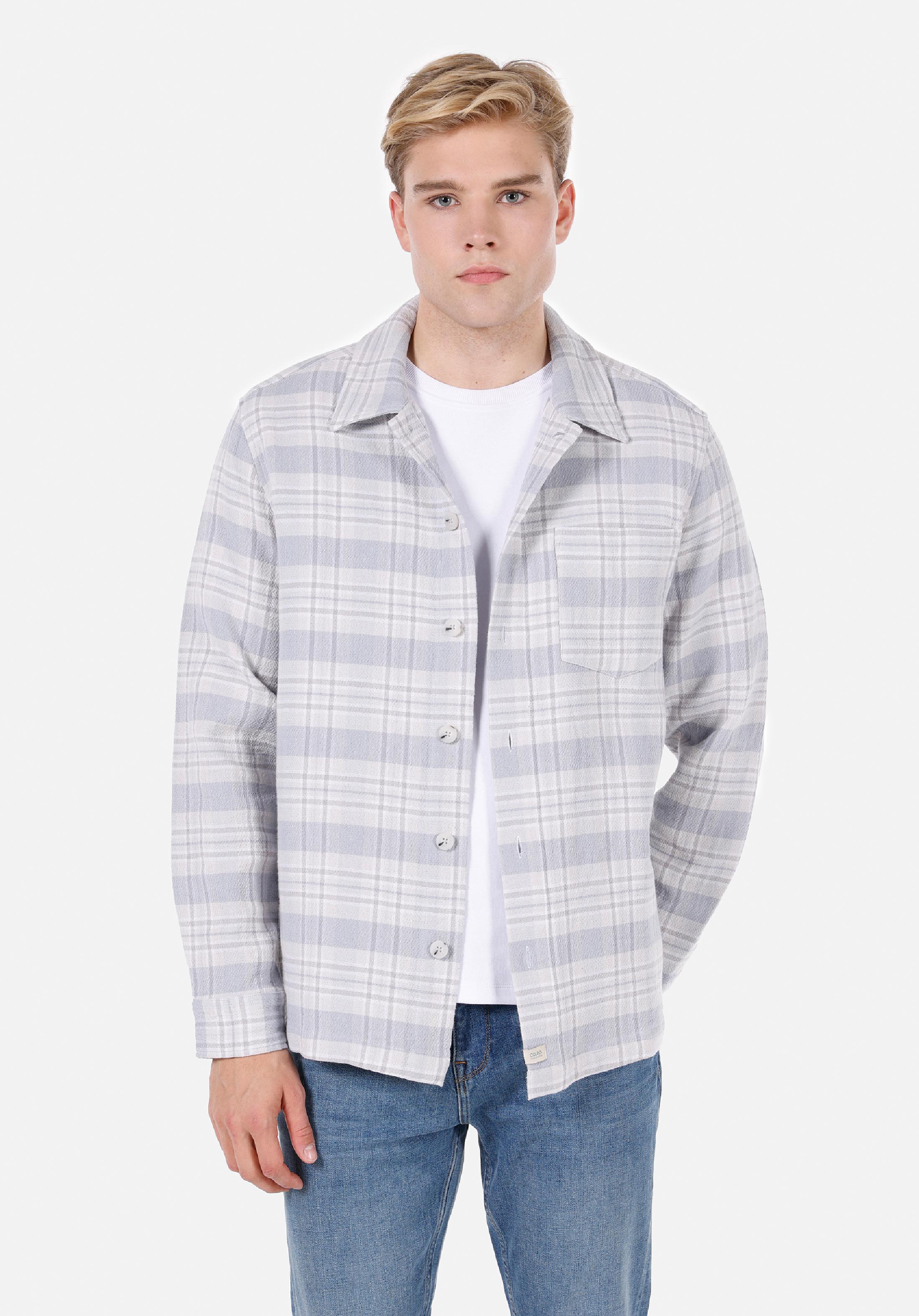 Comfort Fit Shirt Neck Ekoseli Erkek Mavi Shacket