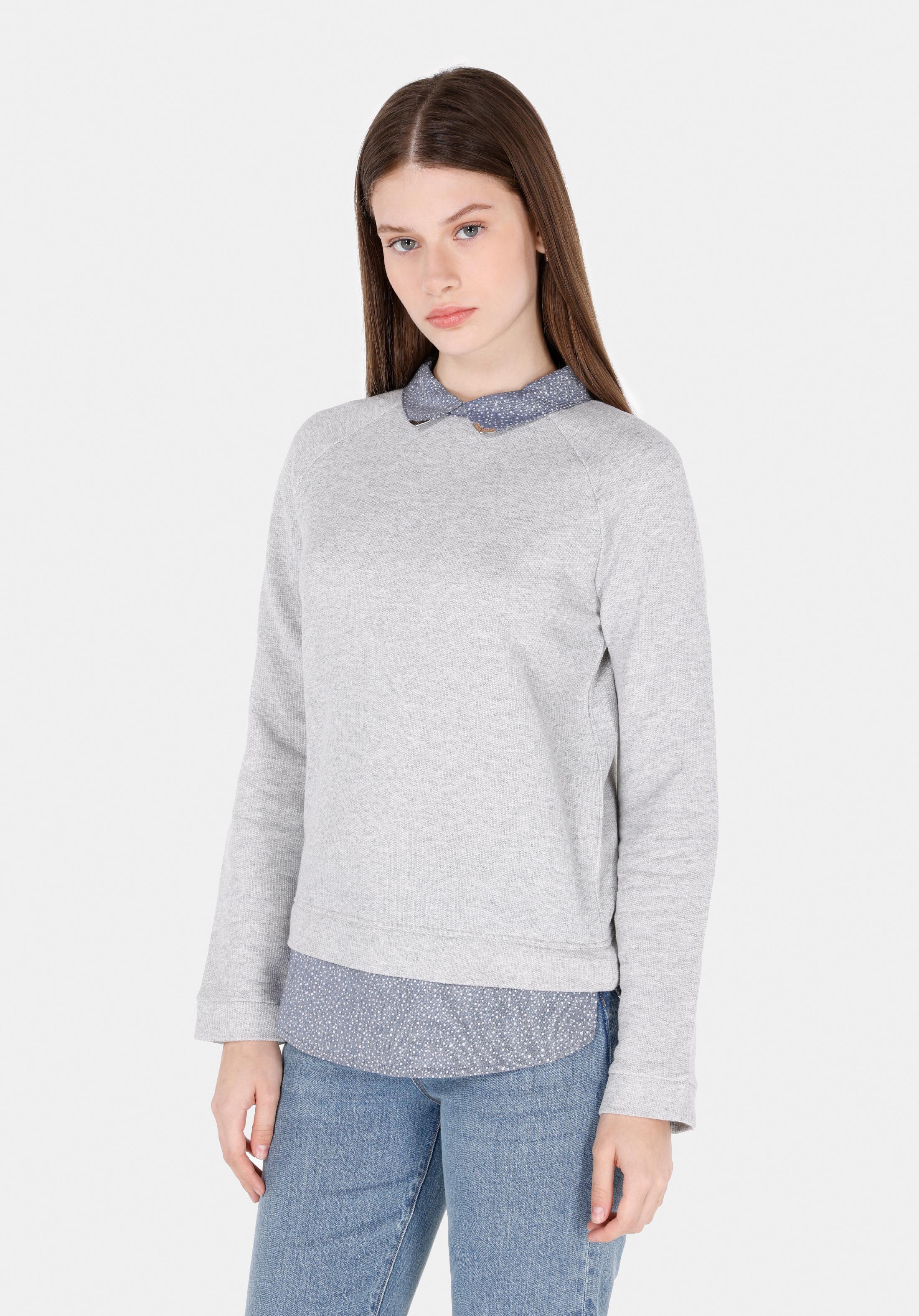 Regular Fit Shirt Neck Düz Kadın Gri Uzun Kol Tişört