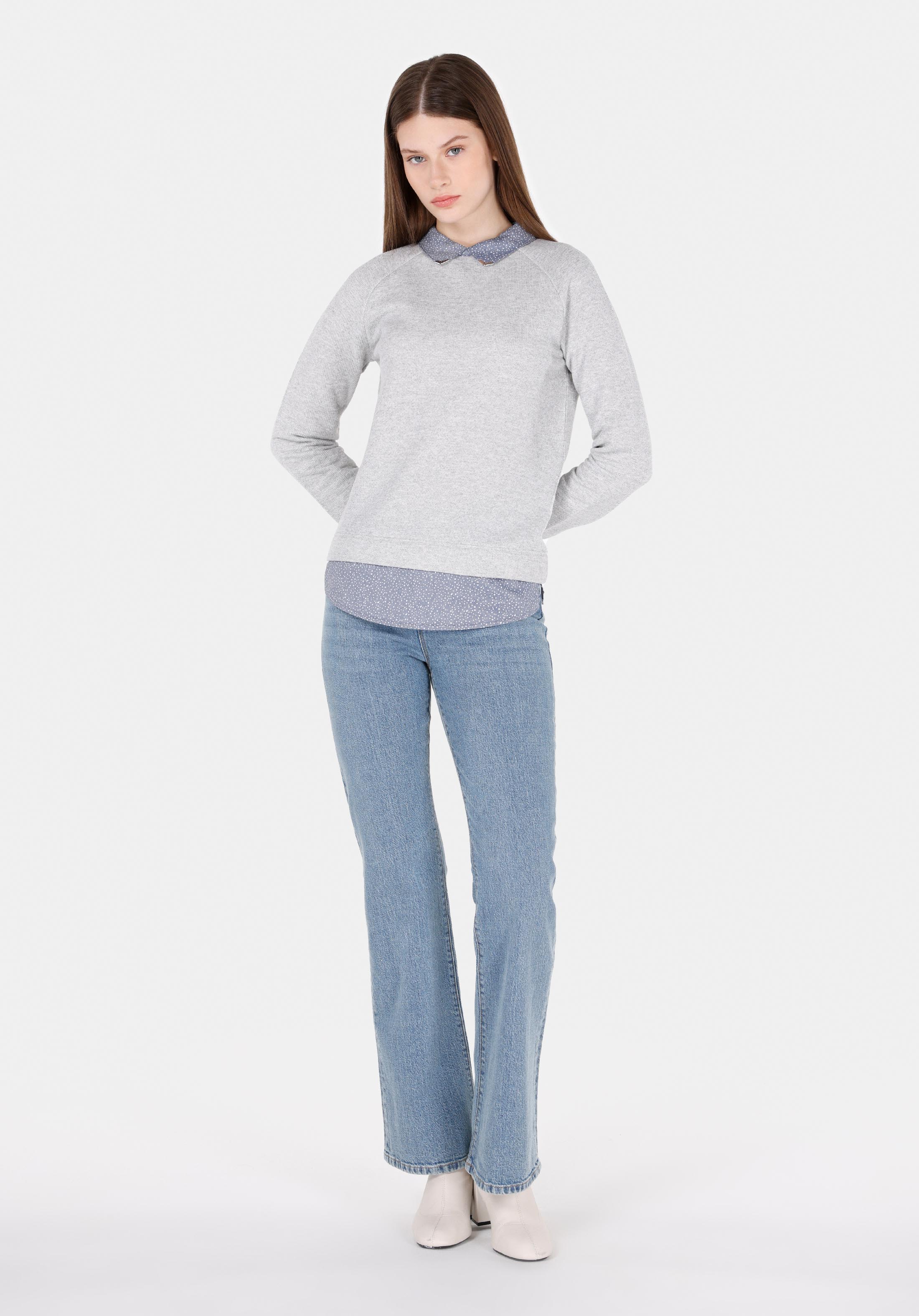 Regular Fit Shirt Neck Düz Kadın Gri Uzun Kol Tişört