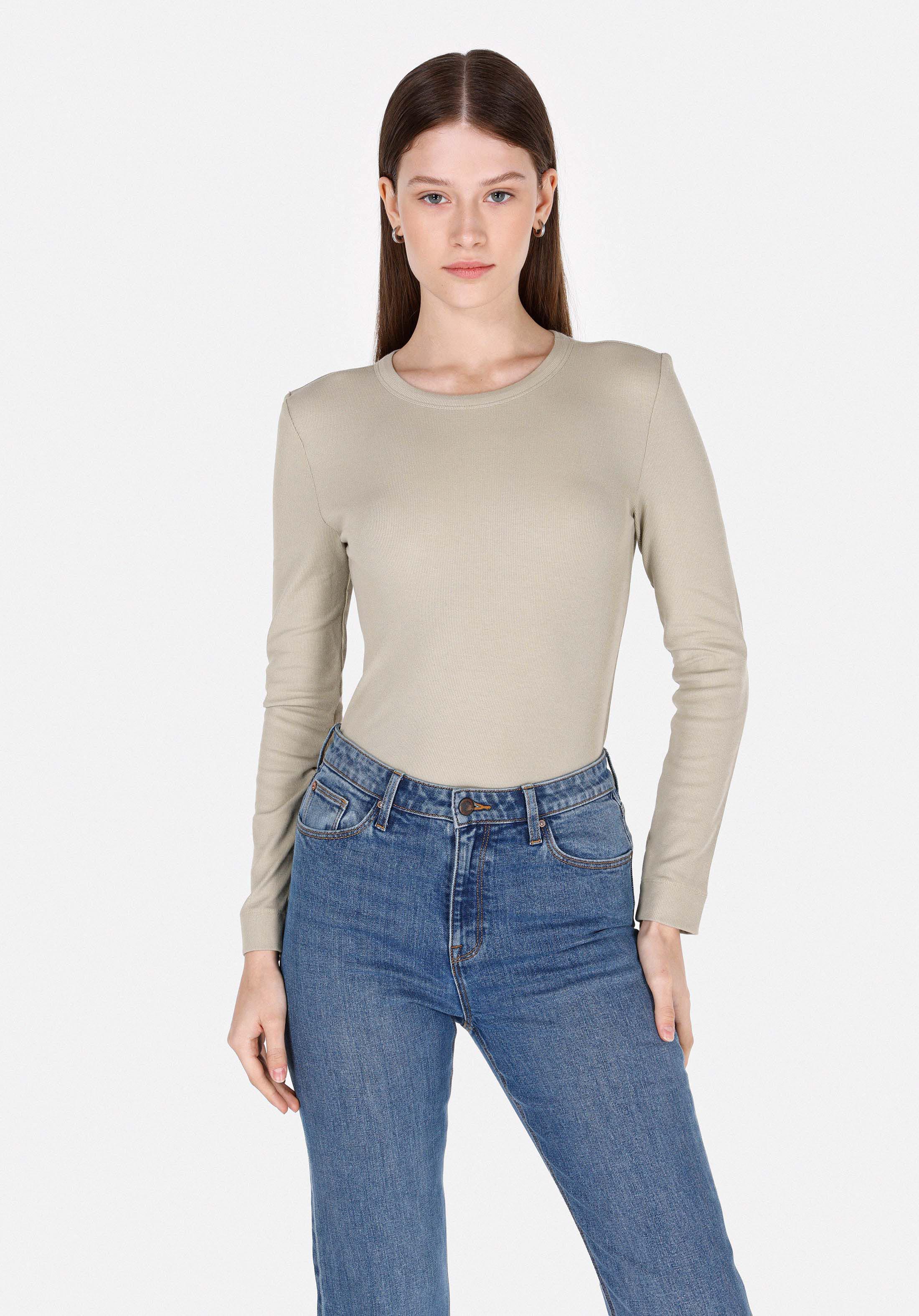 Slim Fit Yuvarlak Yaka Düz Kadın Yeşil Uzun Kol Tişört