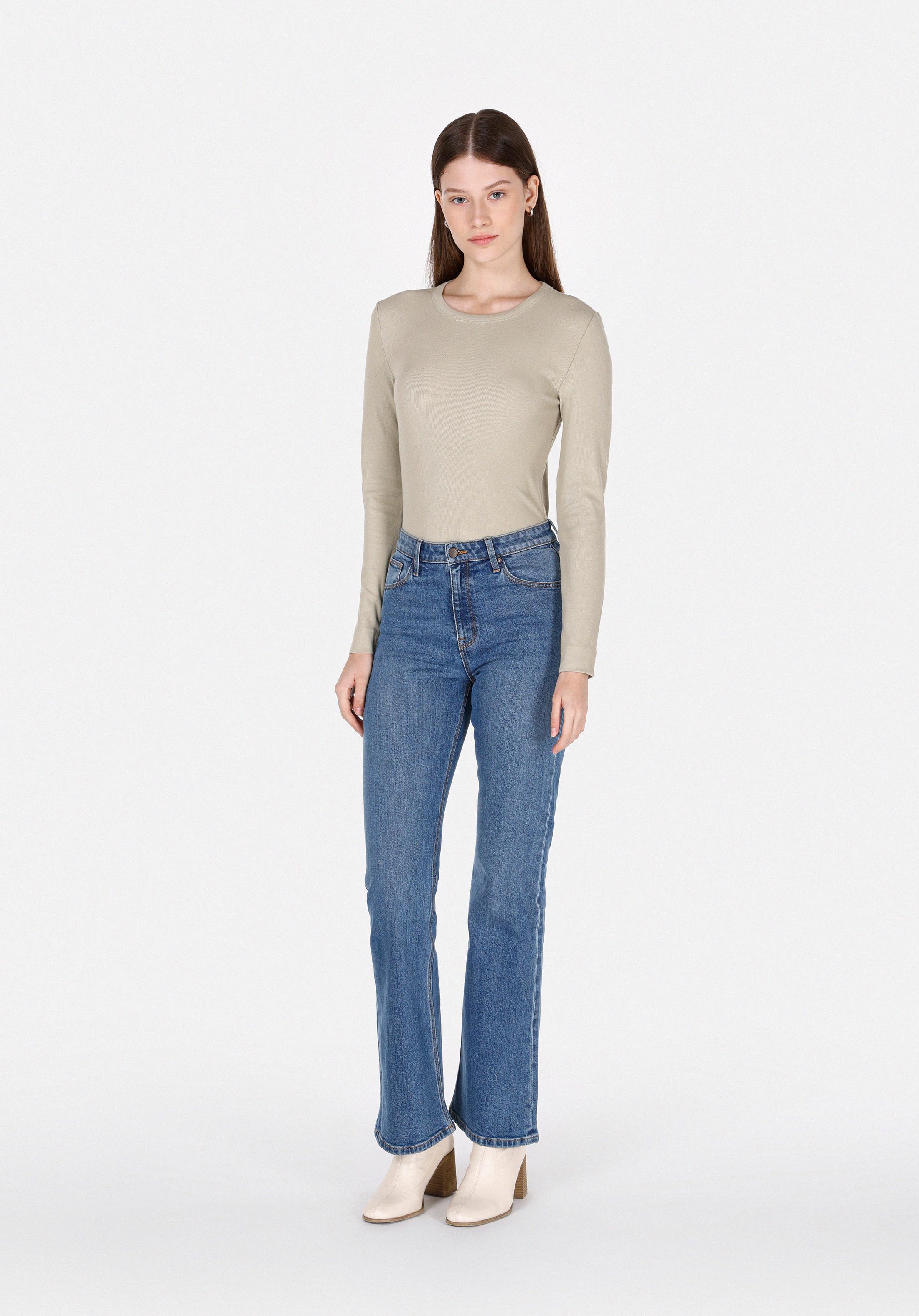 Slim Fit Yuvarlak Yaka Düz Kadın Yeşil Uzun Kol Tişört