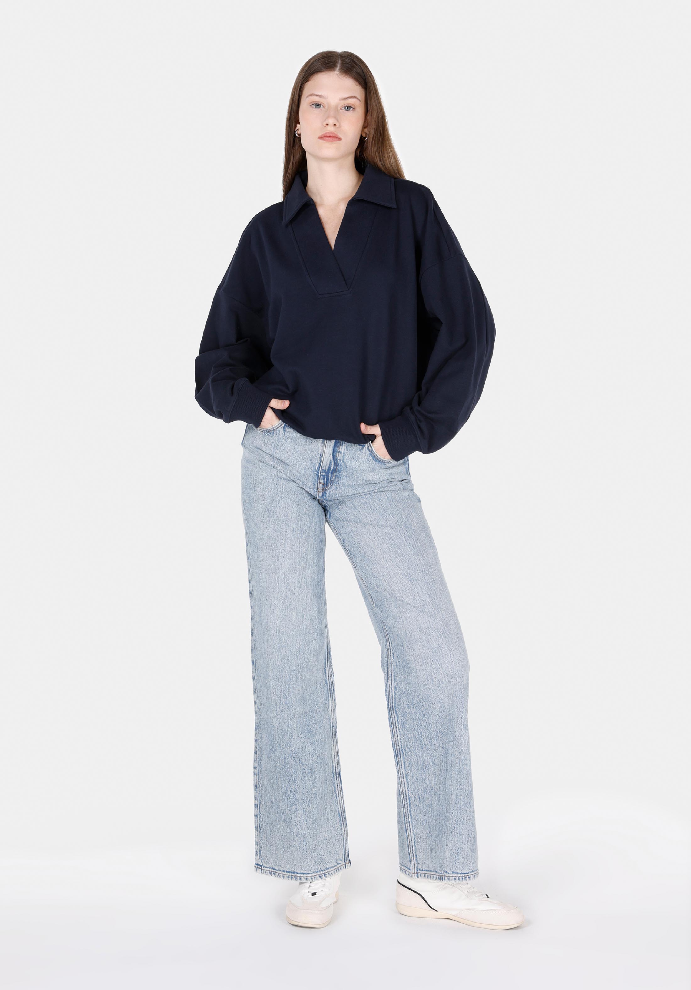 Regular Fit Polo Yaka Düz Kadın Lacivert Sweatshirt
