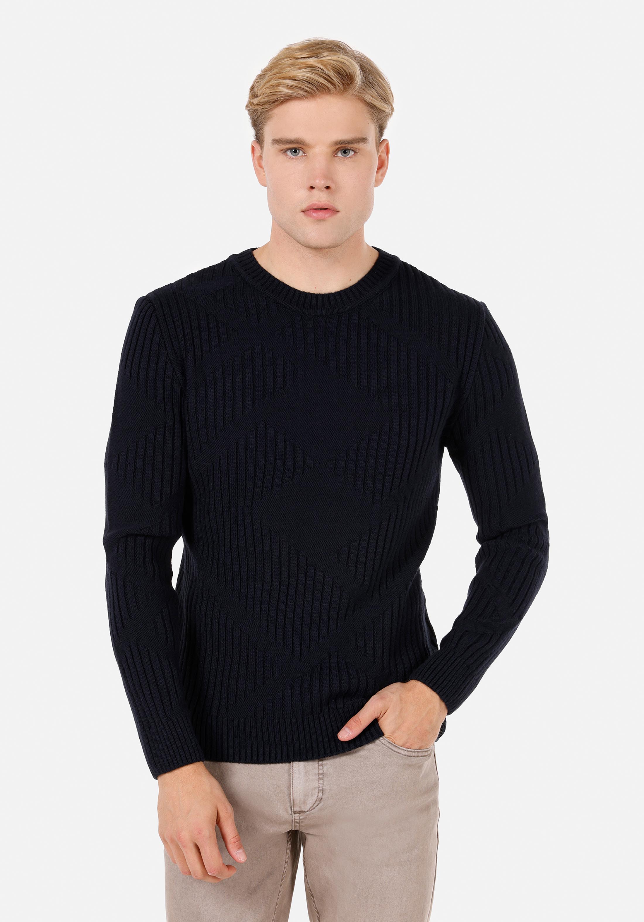 Regular Fit Yuvarlak Yaka Jakarlı Erkek Lacivert Triko Kazak