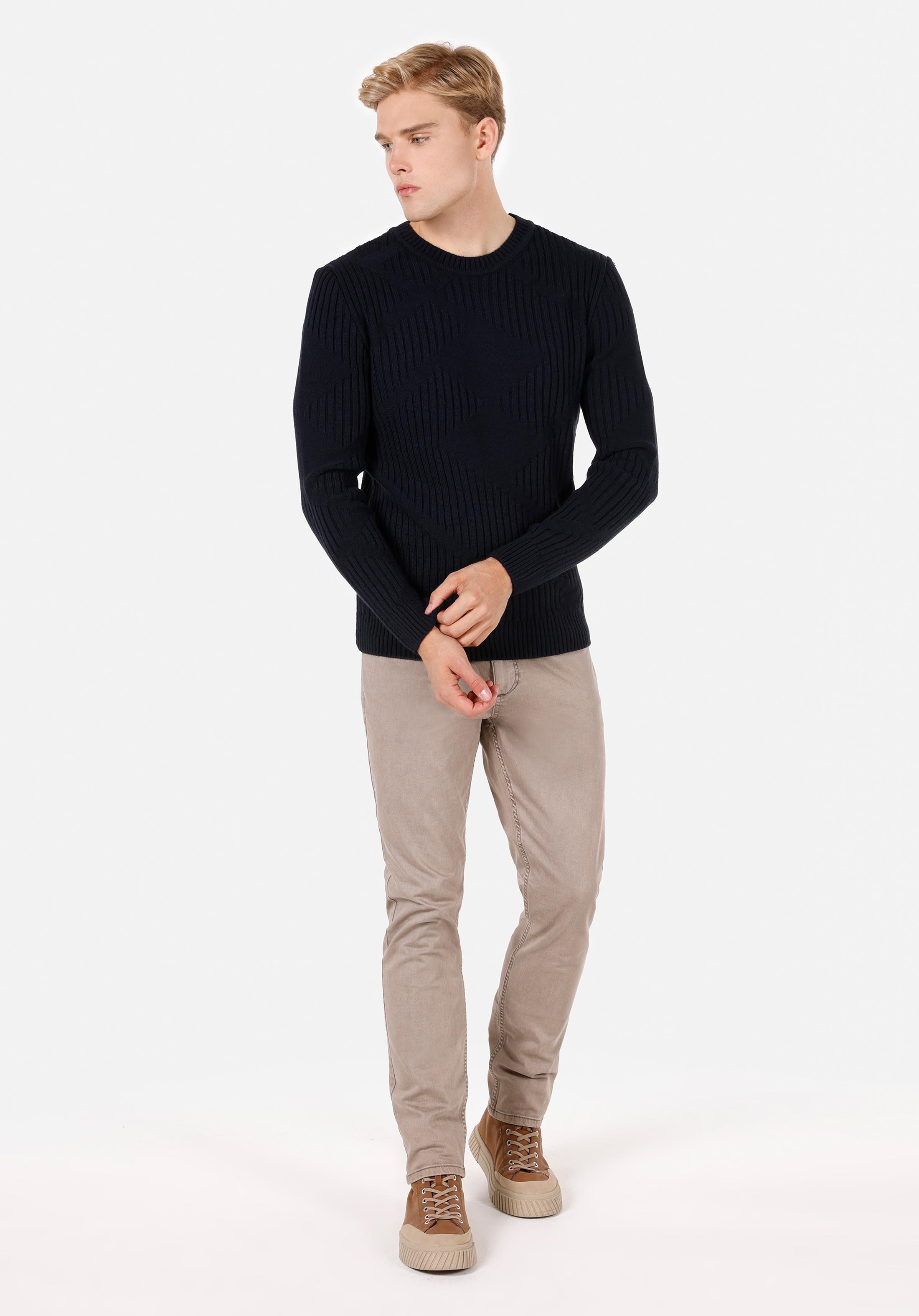 Regular Fit Yuvarlak Yaka Jakarlı Erkek Lacivert Triko Kazak