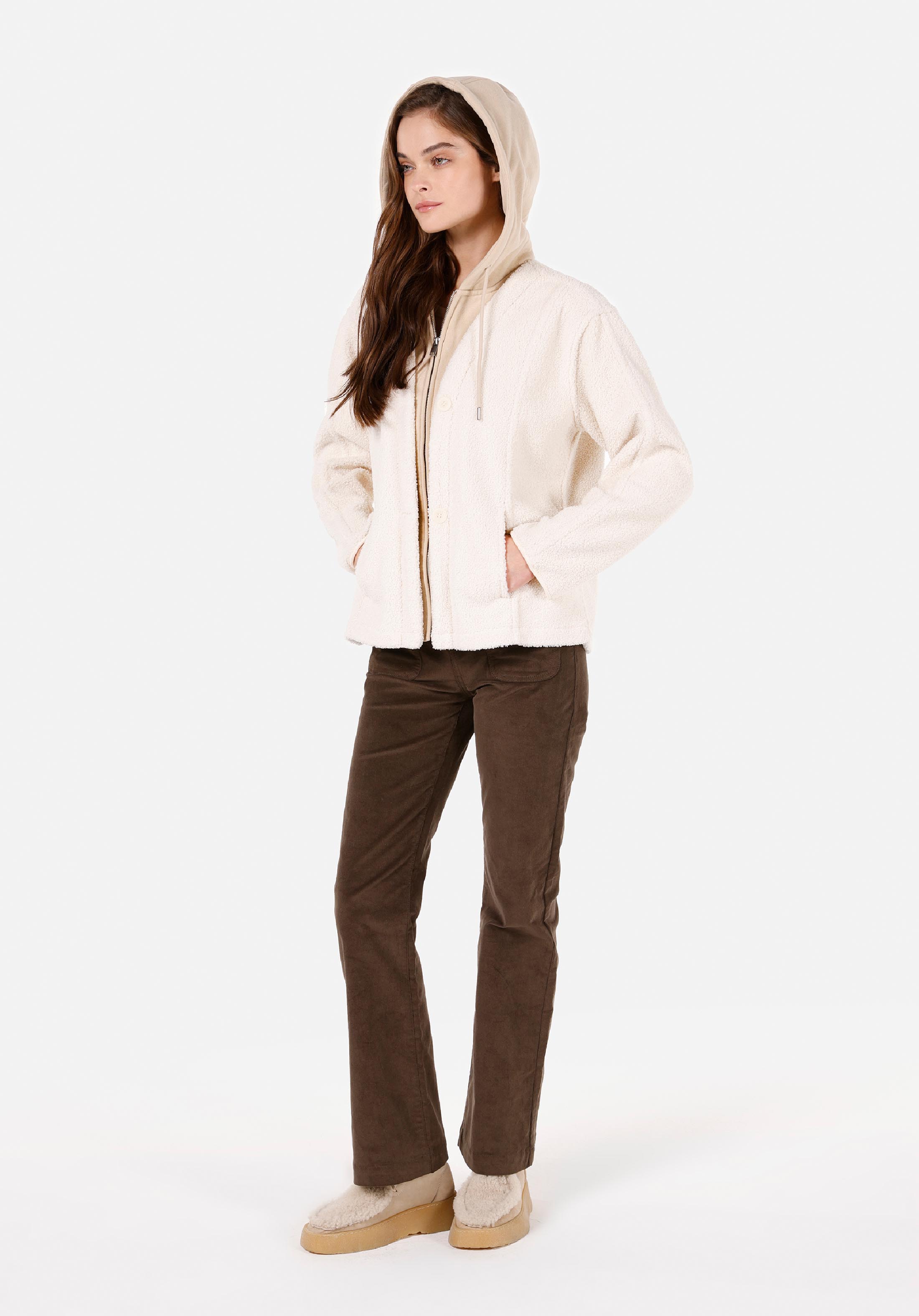 Regular Fit Kapüşonlu Fermuarlı Astarlı Kürklü Kadın Ekru Ceket
