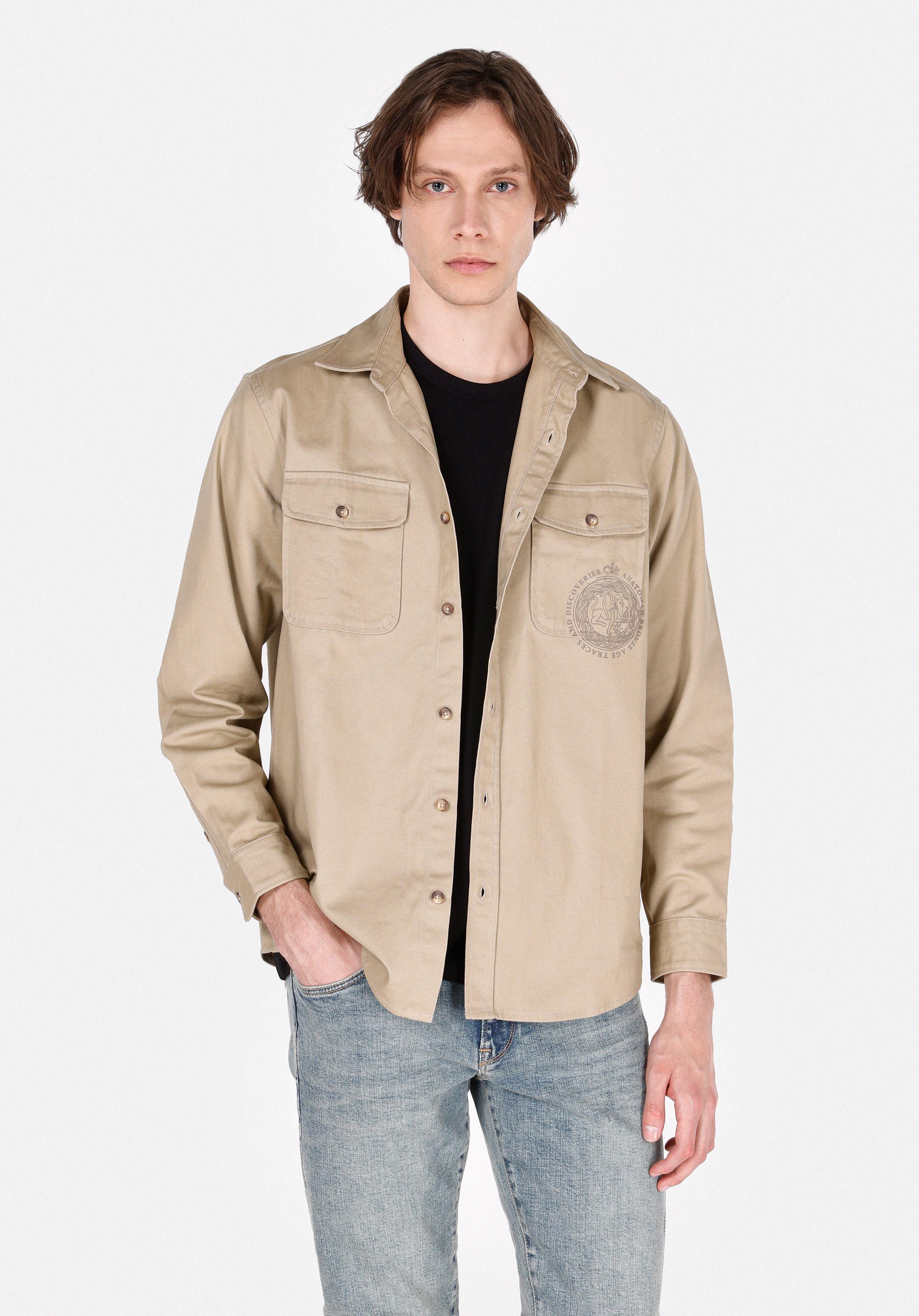 Comfort Fit Shirt Neck Düz Erkek Bej Uzun Kol Gömlek