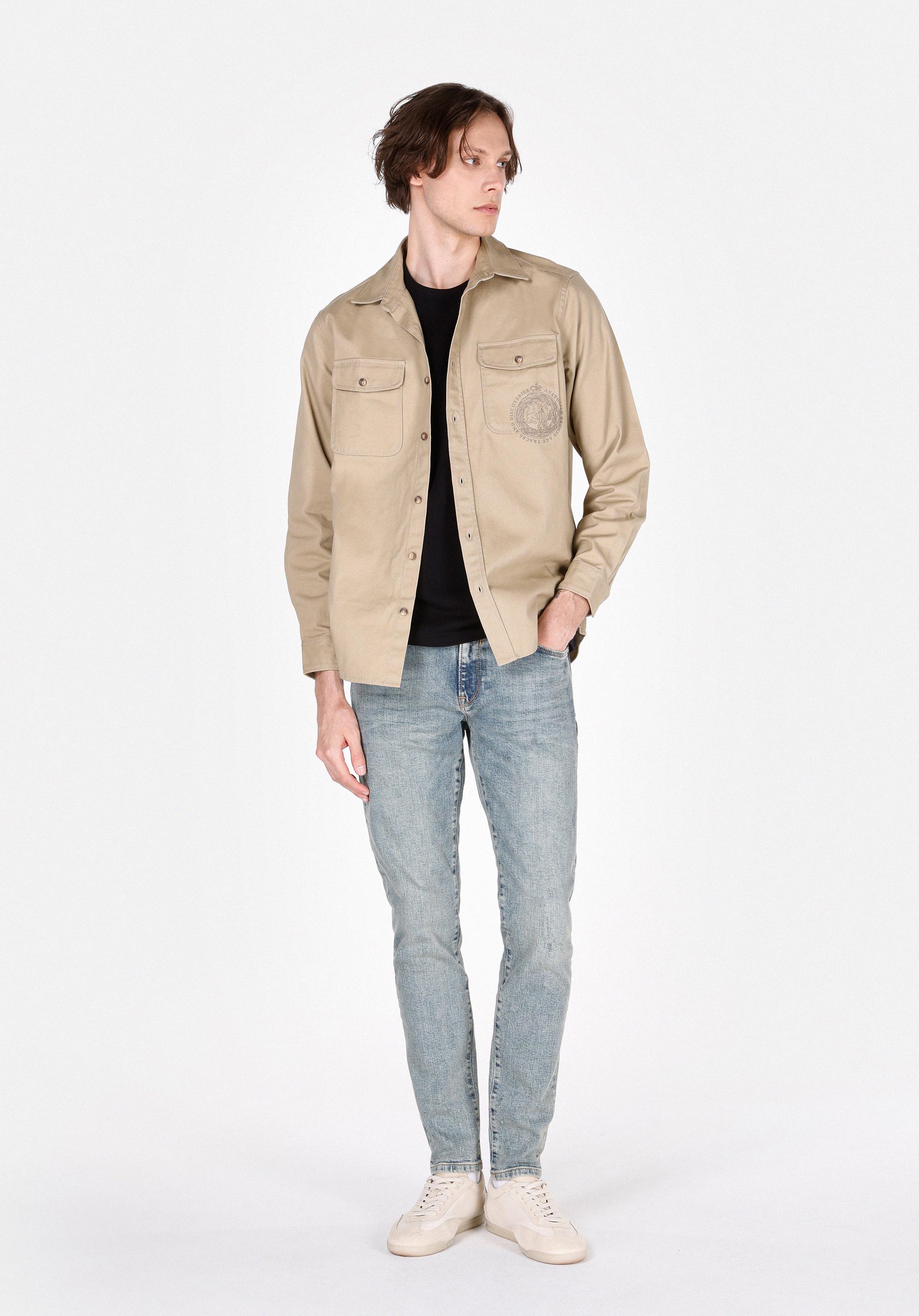 Comfort Fit Shirt Neck Düz Erkek Bej Uzun Kol Gömlek