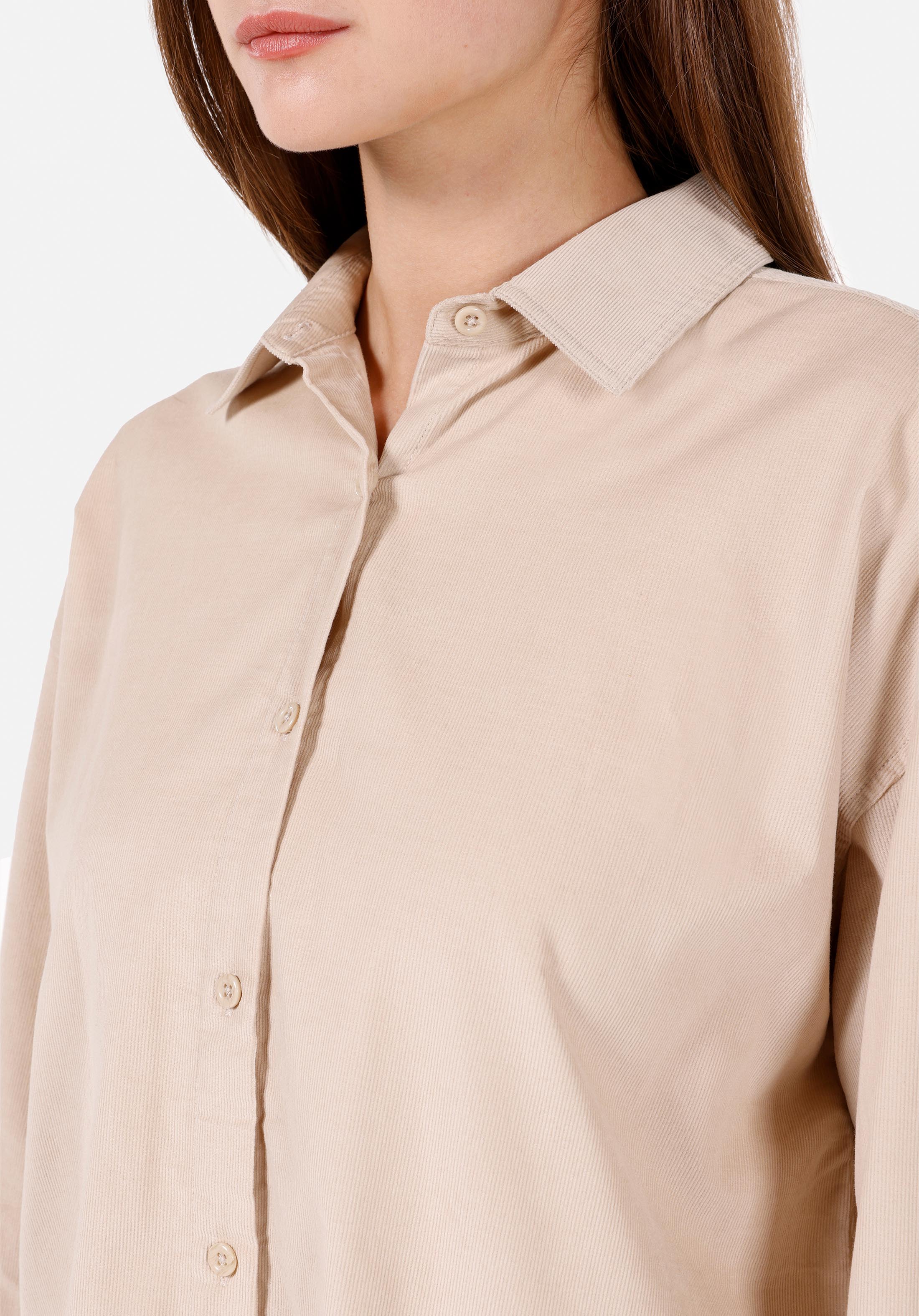 Regular Fit Shirt Neck Düz Kadın Bej Uzun Kol Gömlek