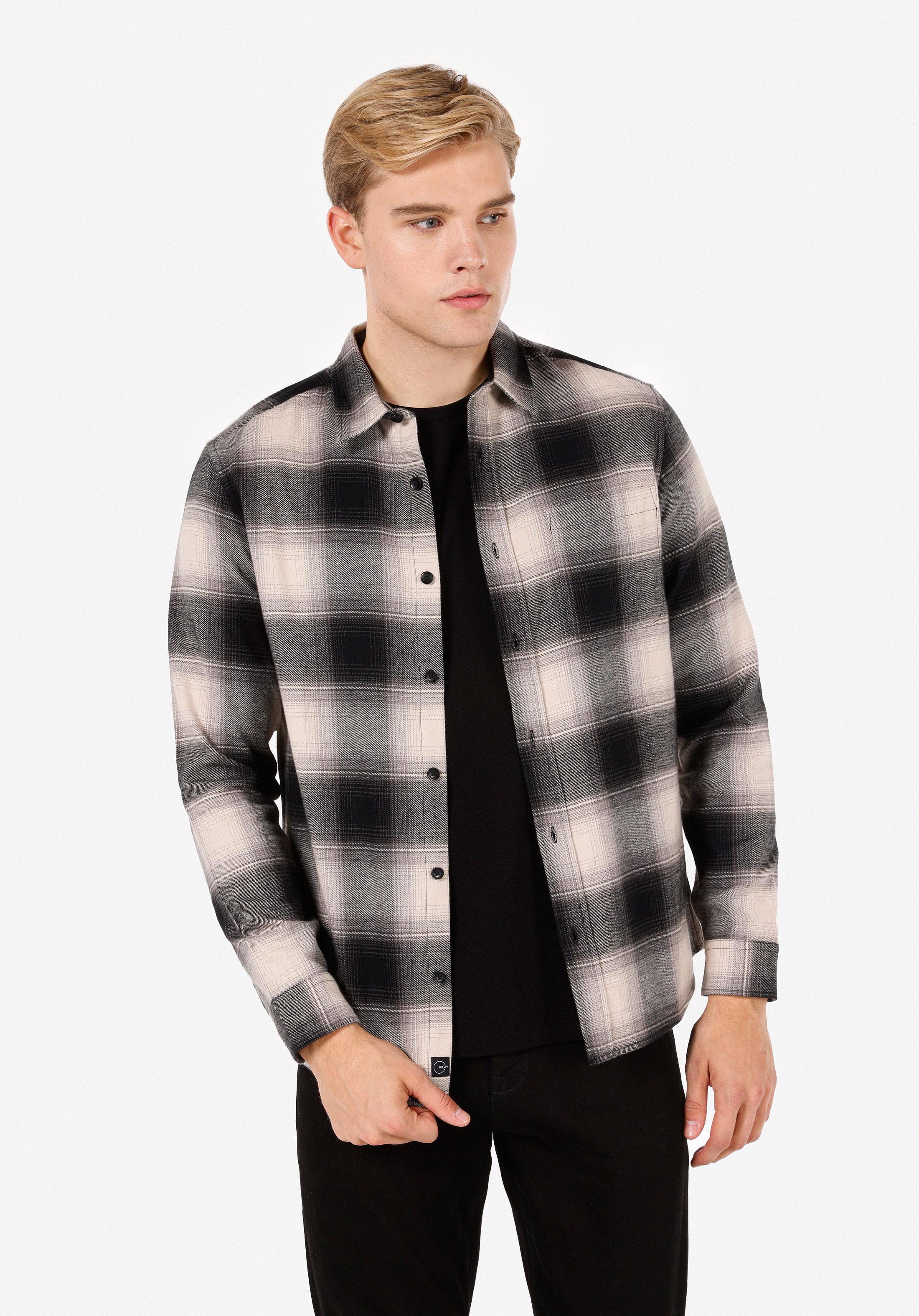 Regular Fit Shirt Neck Ekoseli Erkek Siyah Uzun Kol Gömlek