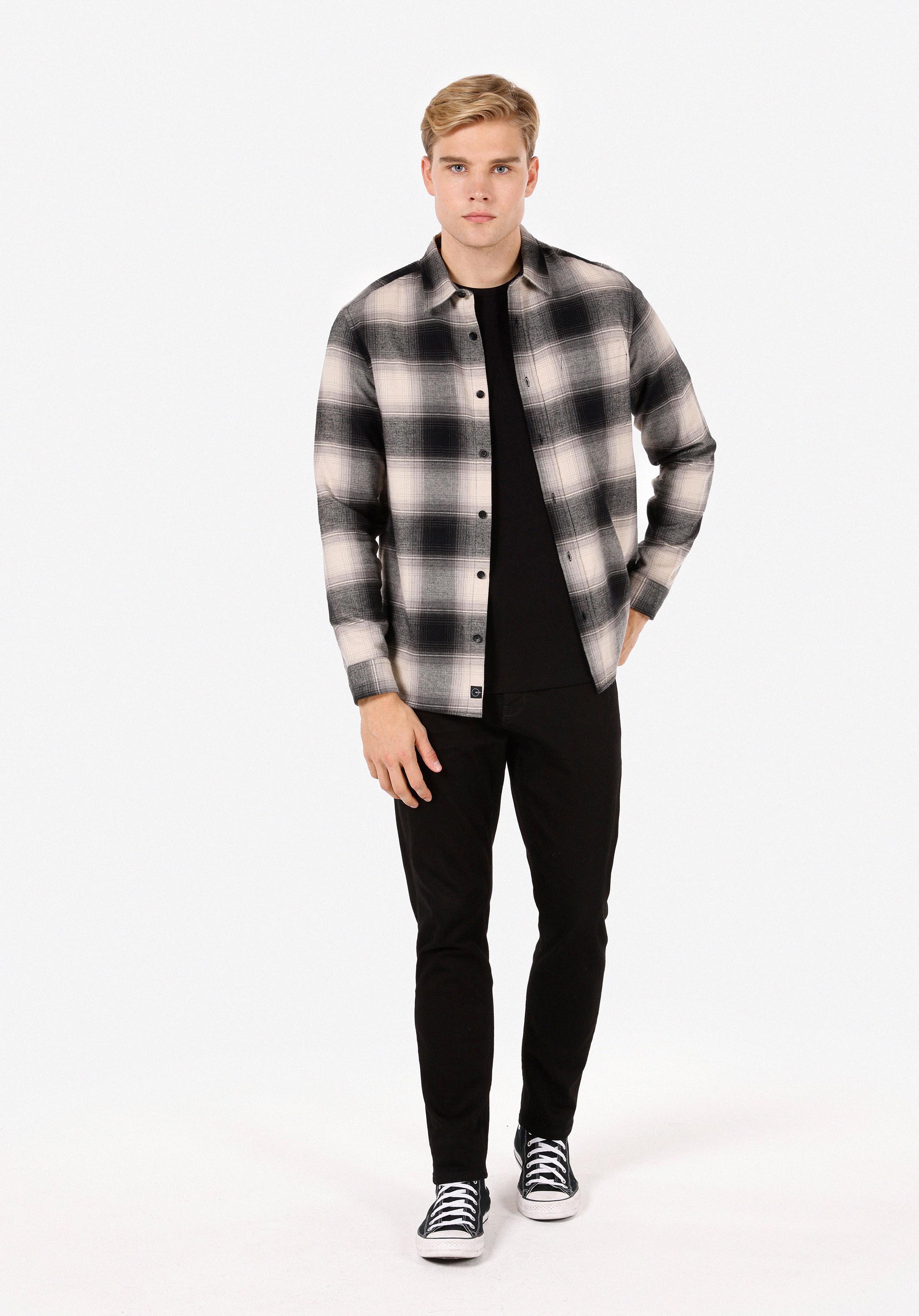 Regular Fit Shirt Neck Ekoseli Erkek Siyah Uzun Kol Gömlek