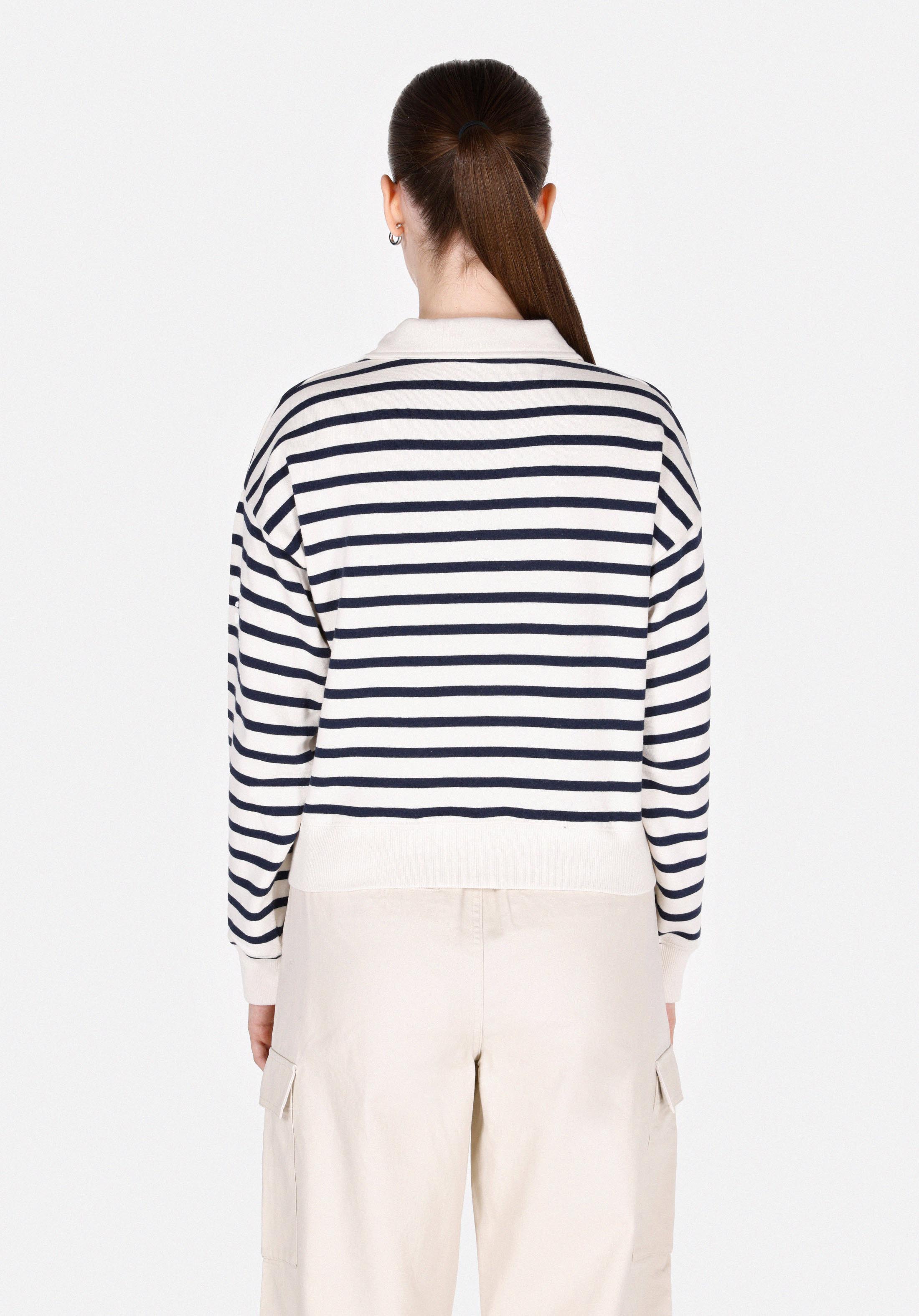 Regular Fit Polo Yaka Çizgili Kadın Beyaz Sweatshirt