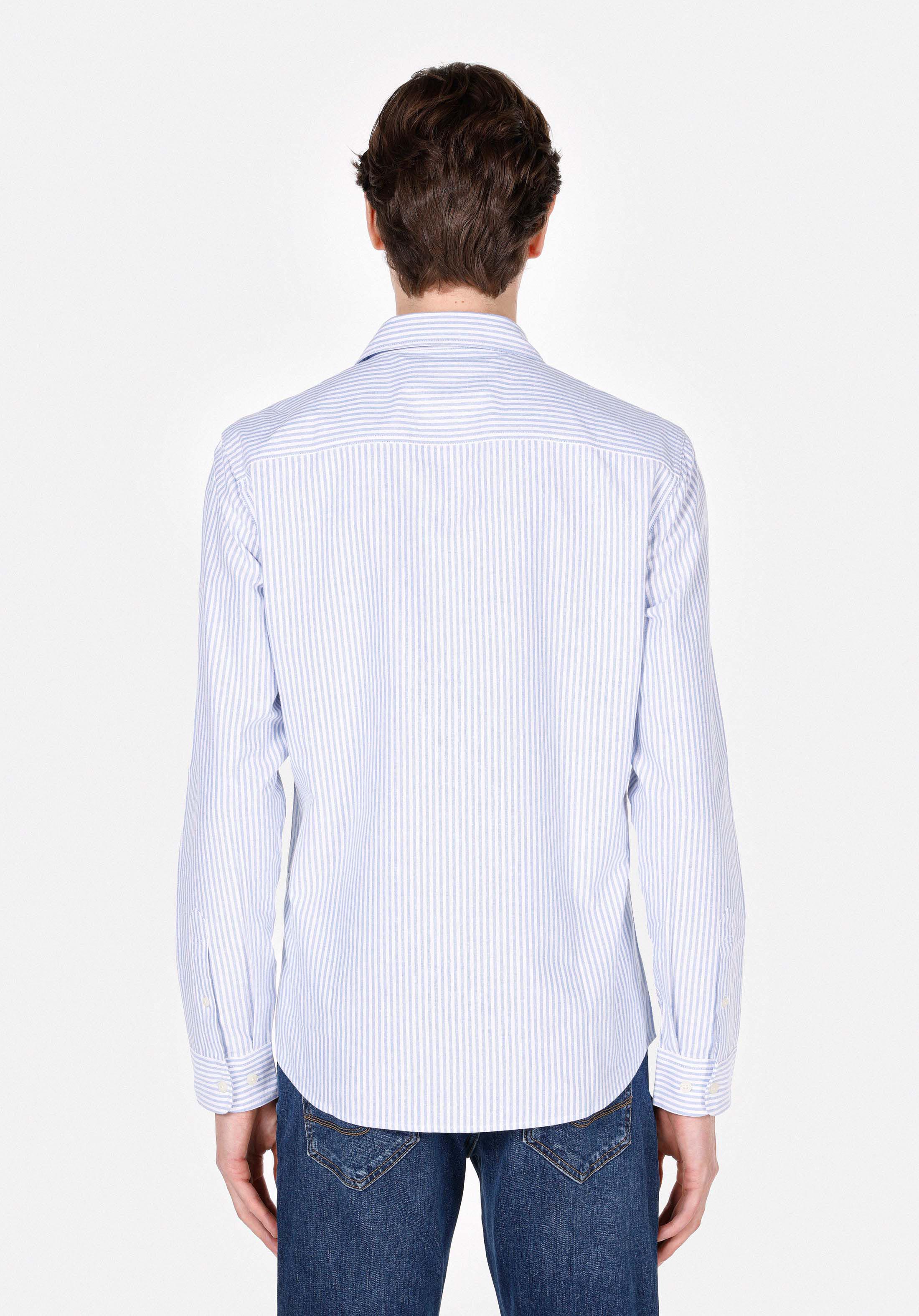Slim Fit Shirt Neck Çizgili Erkek Mavi Uzun Kol Gömlek