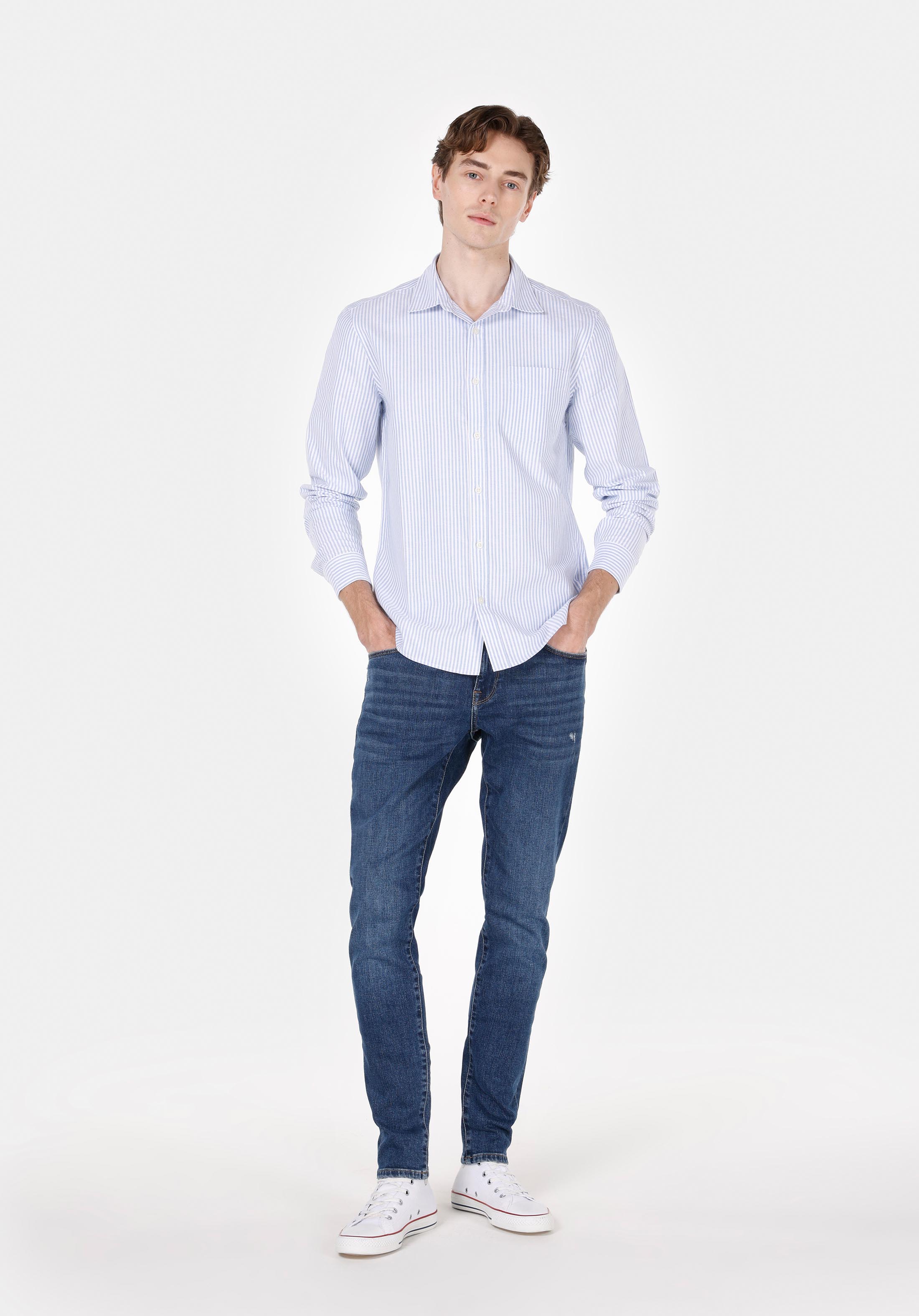 Slim Fit Shirt Neck Çizgili Erkek Mavi Uzun Kol Gömlek