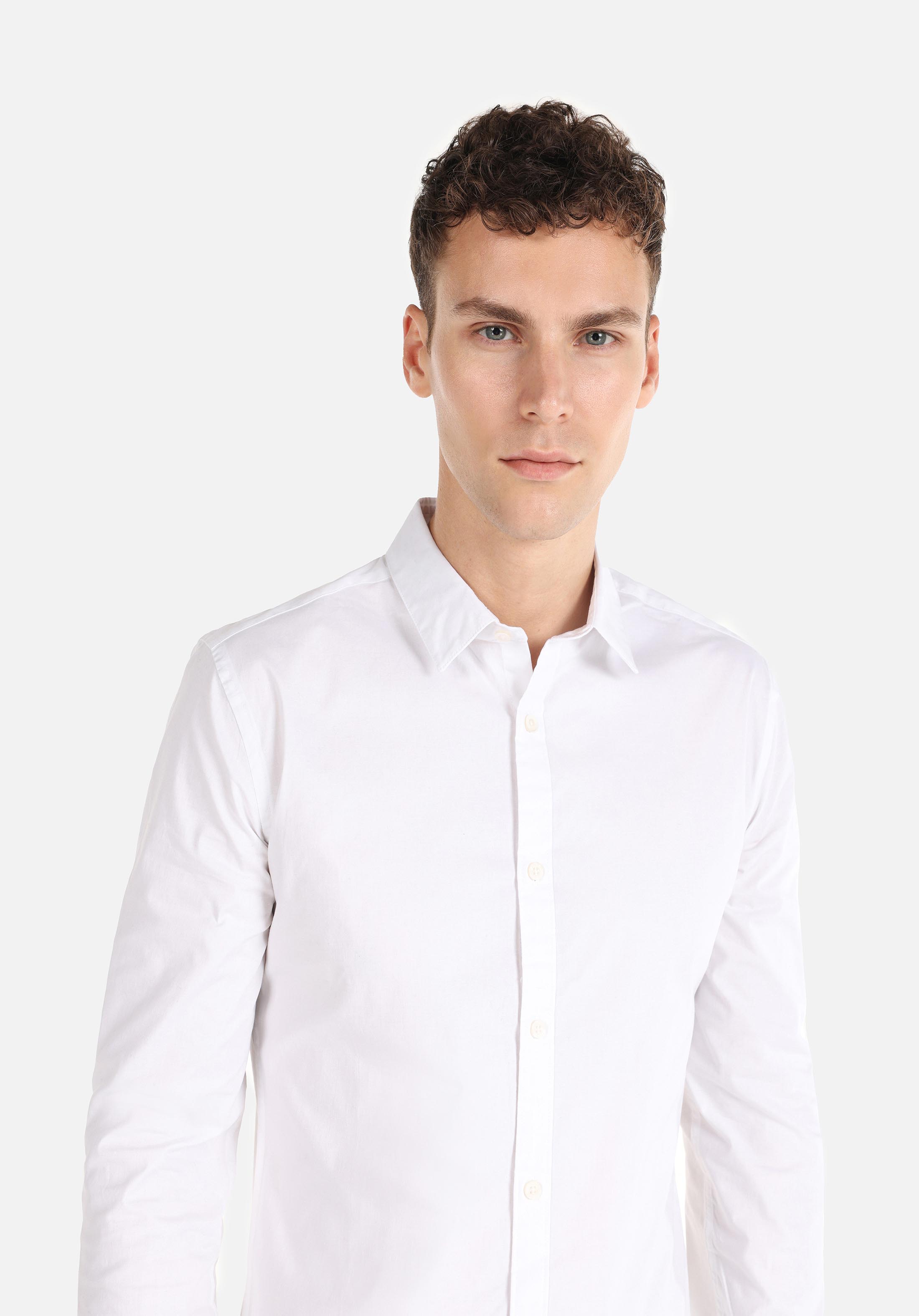 Süper Slim Fit Shirt Neck Düz Erkek Beyaz Uzun Kol Gömlek