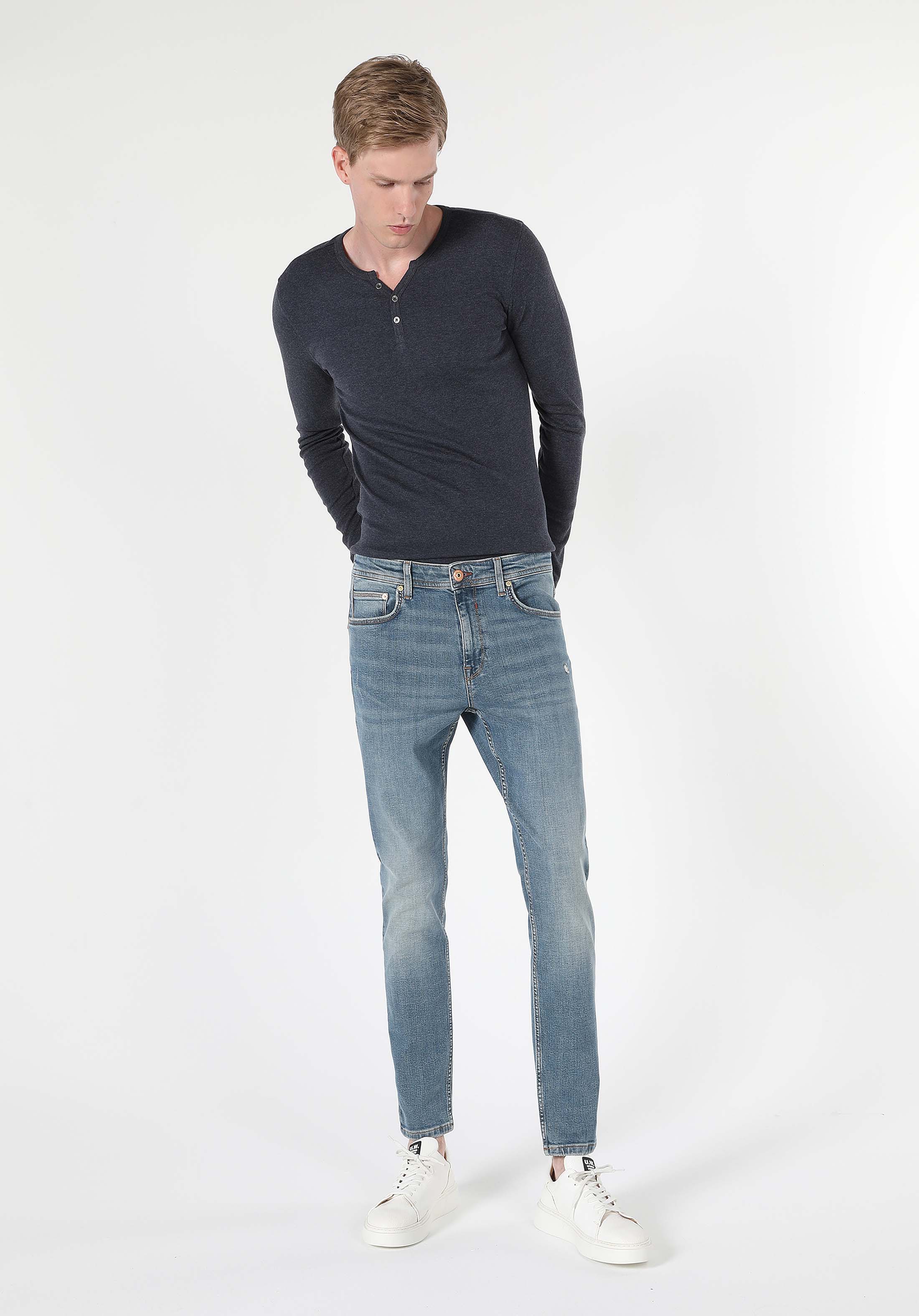 Skinny Fit Yüksel Bel Dar Paça Erkek İndigo Jean Pantolon