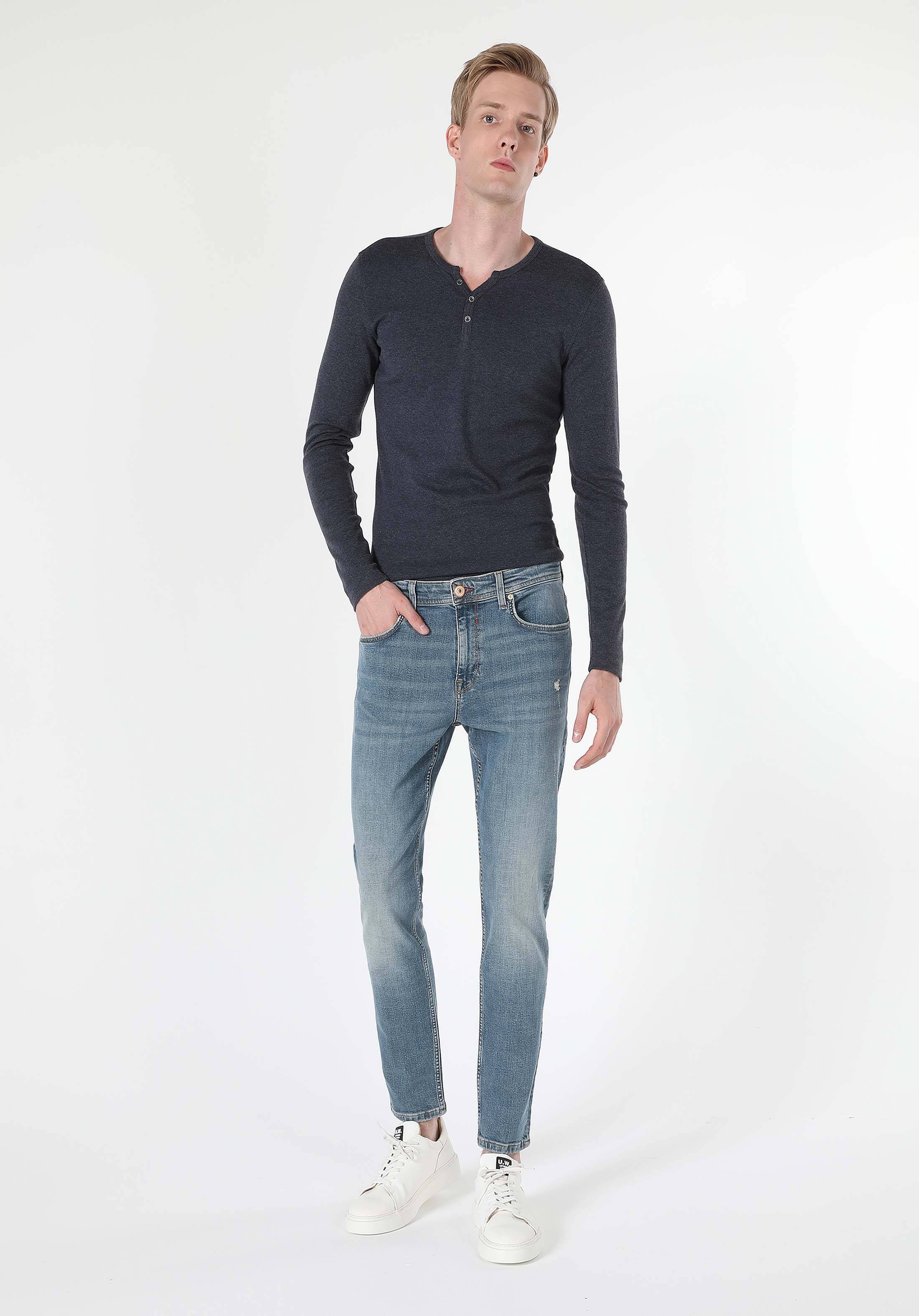 Skinny Fit Yüksel Bel Dar Paça Erkek İndigo Jean Pantolon