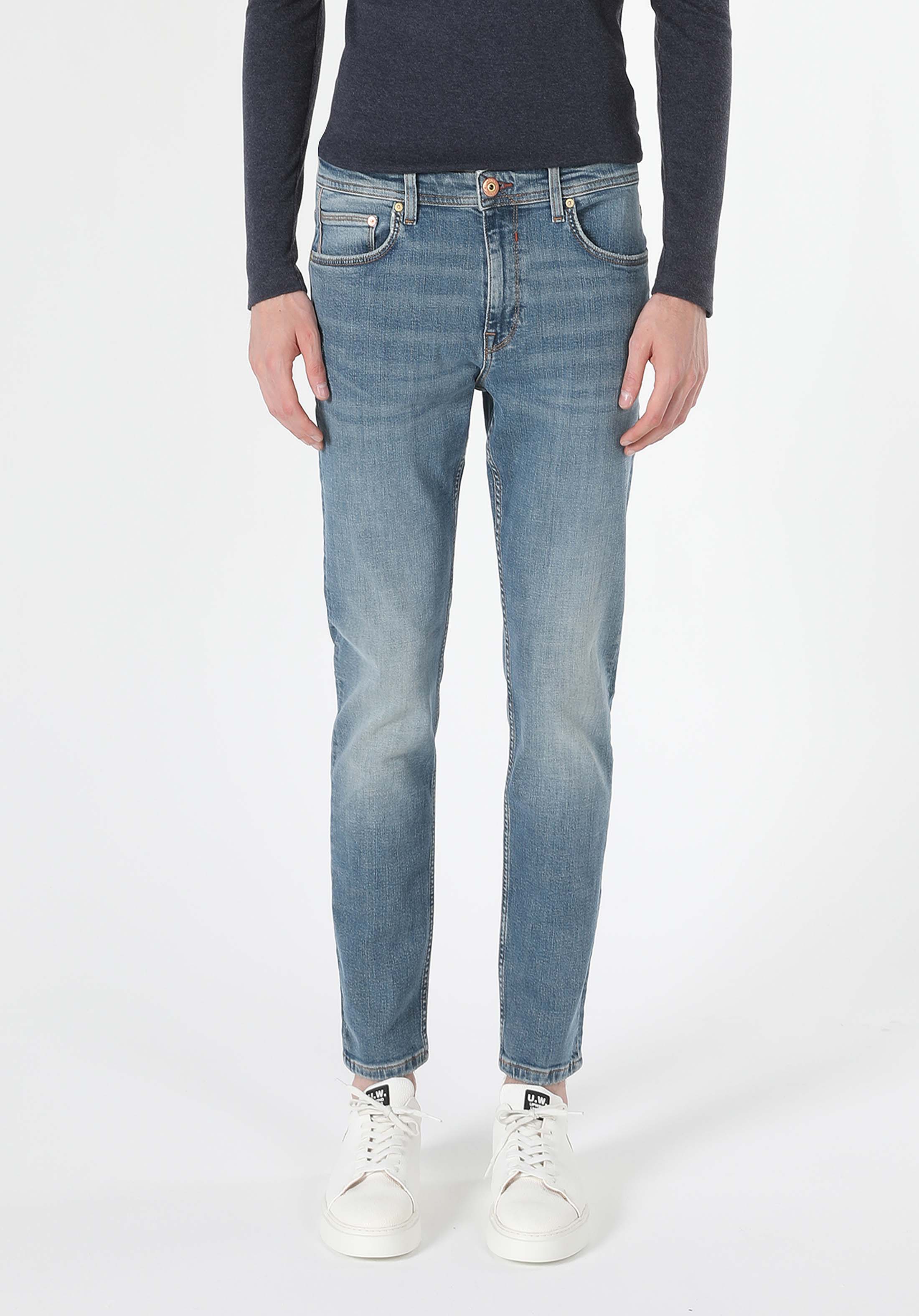 Skinny Fit Yüksel Bel Dar Paça Erkek İndigo Jean Pantolon