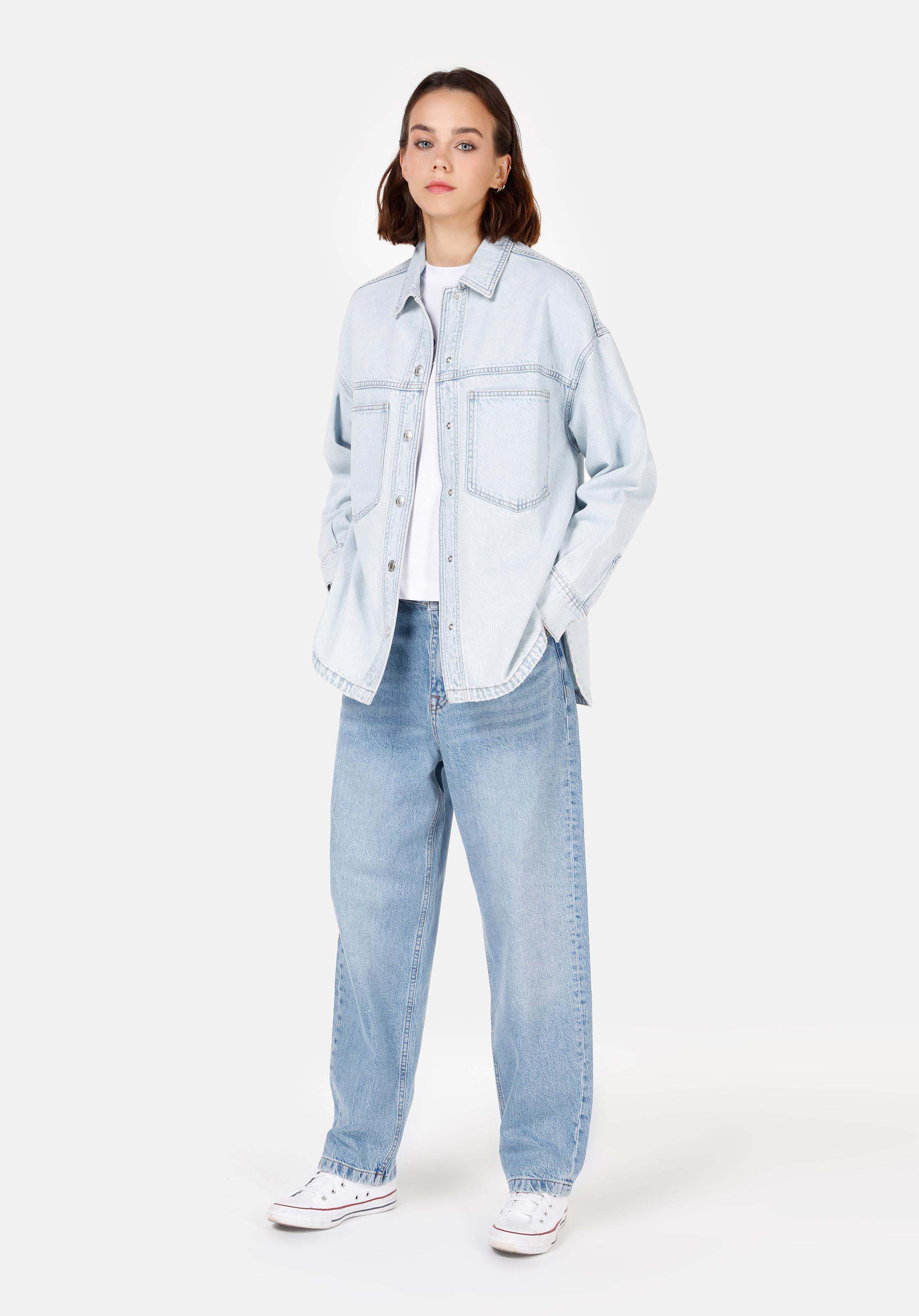 Oversize Fit Klasik Yaka  Kadın Mavi Uzun Kol Gömlek