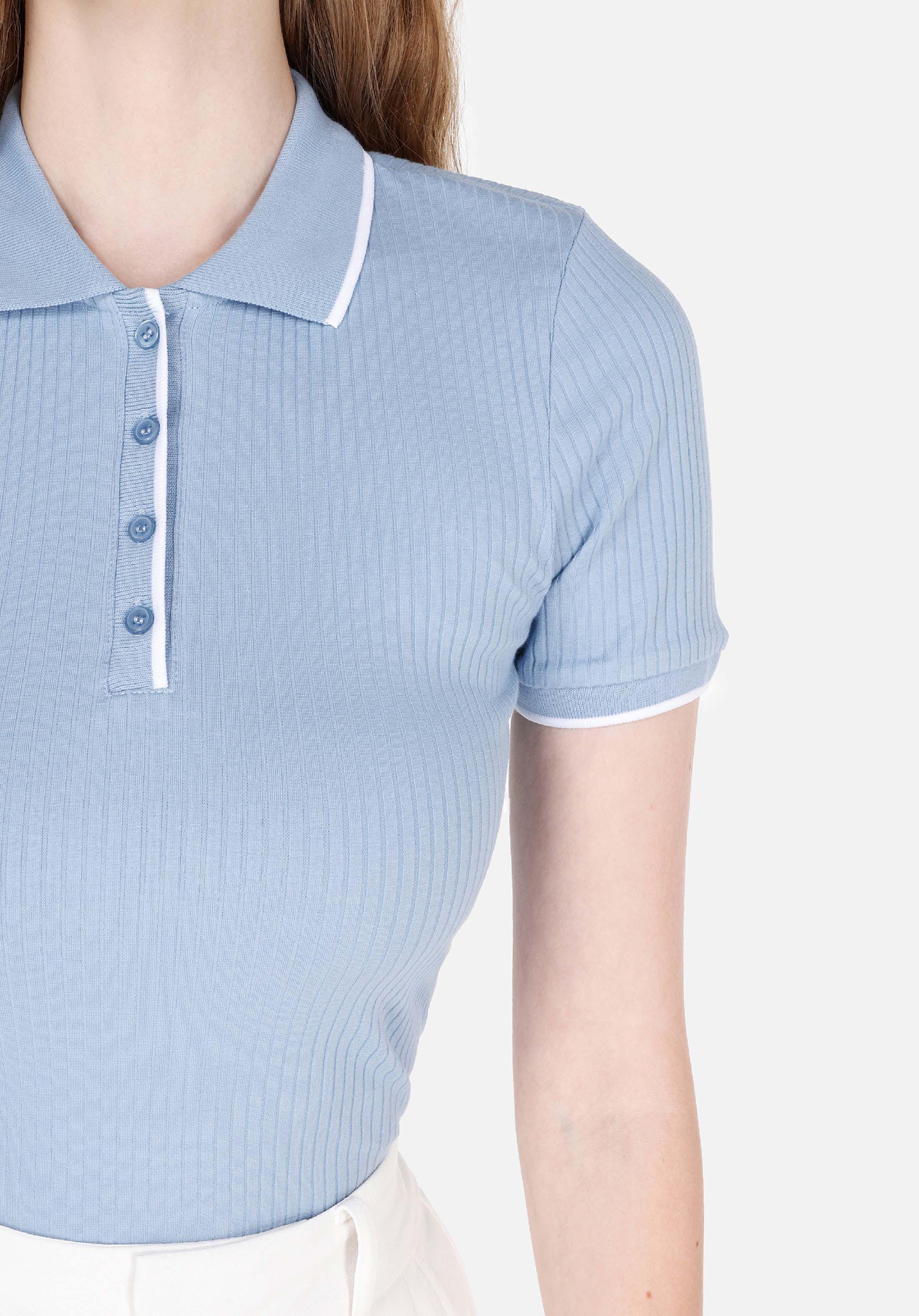Slim Fit Polo Yaka Düz Kadın Mavi Kısa Kol Tişört