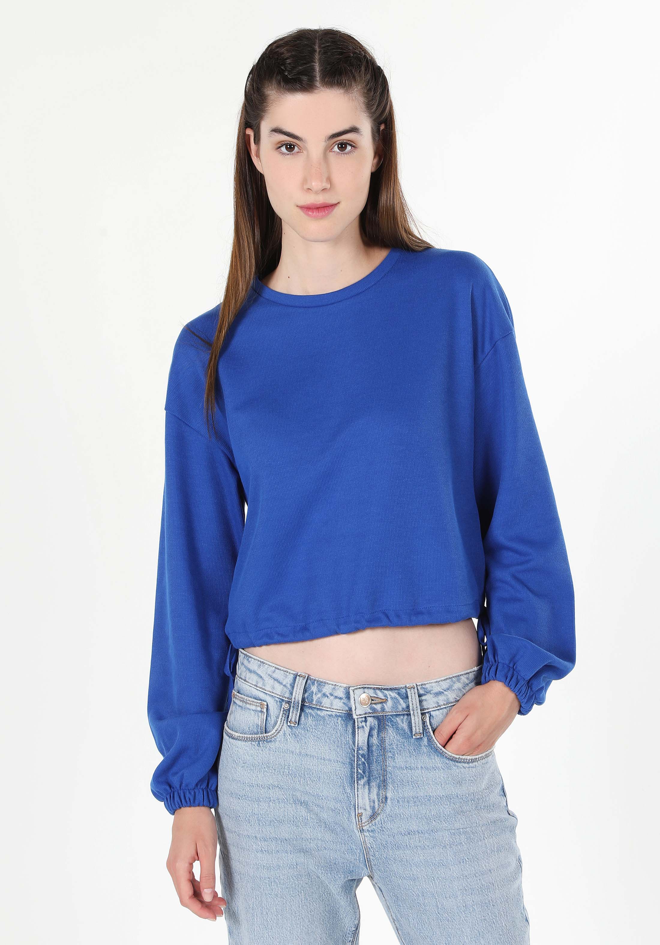 Regular Fit Yuvarlak Yaka Düz Kadın Mavi Uzun Kol Tişört