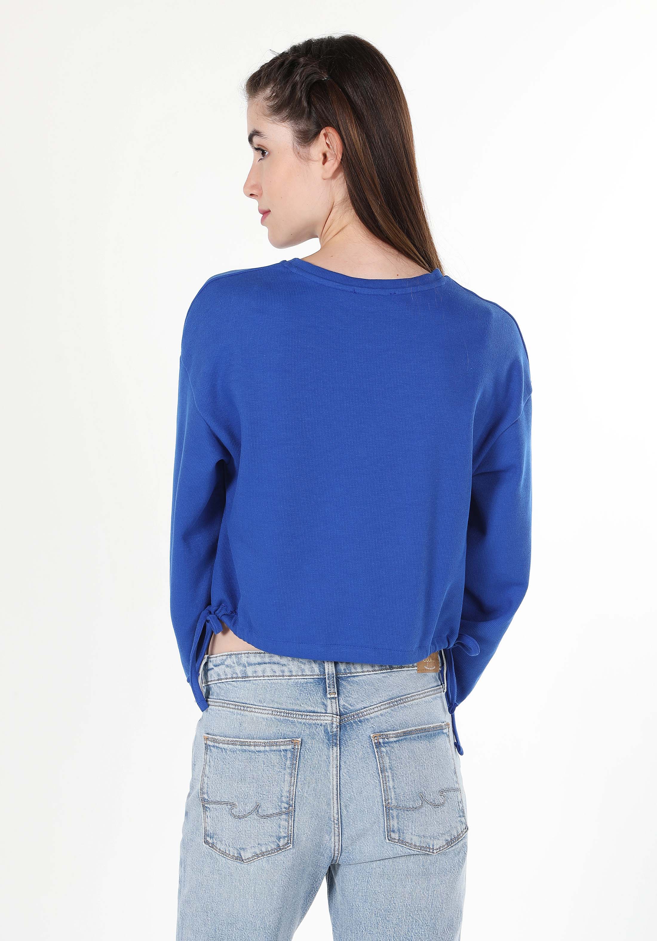 Regular Fit Yuvarlak Yaka Düz Kadın Mavi Uzun Kol Tişört