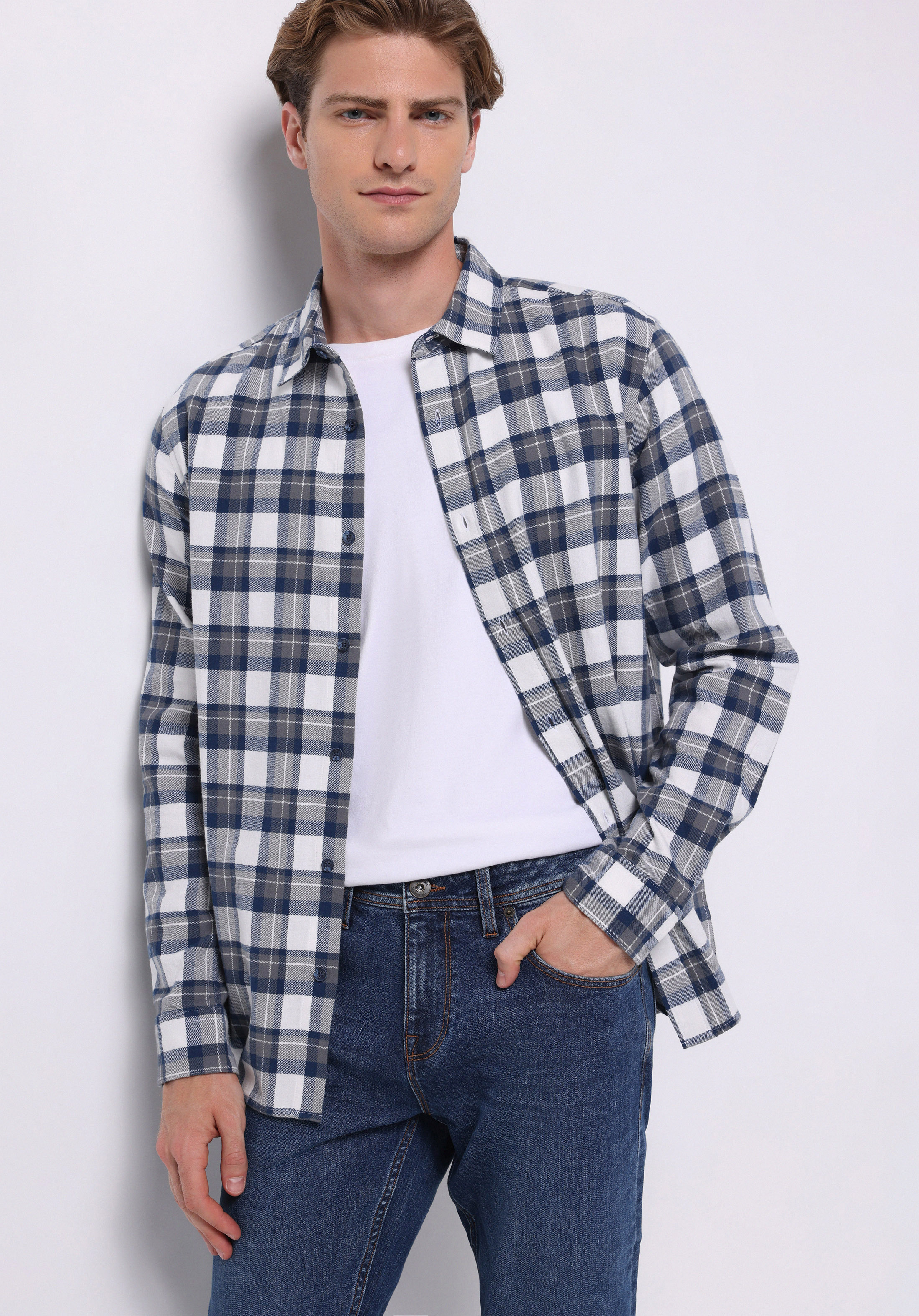 Regular Fit Shirt Neck Ekoseli Erkek Lacivert Uzun Kol Gömlek