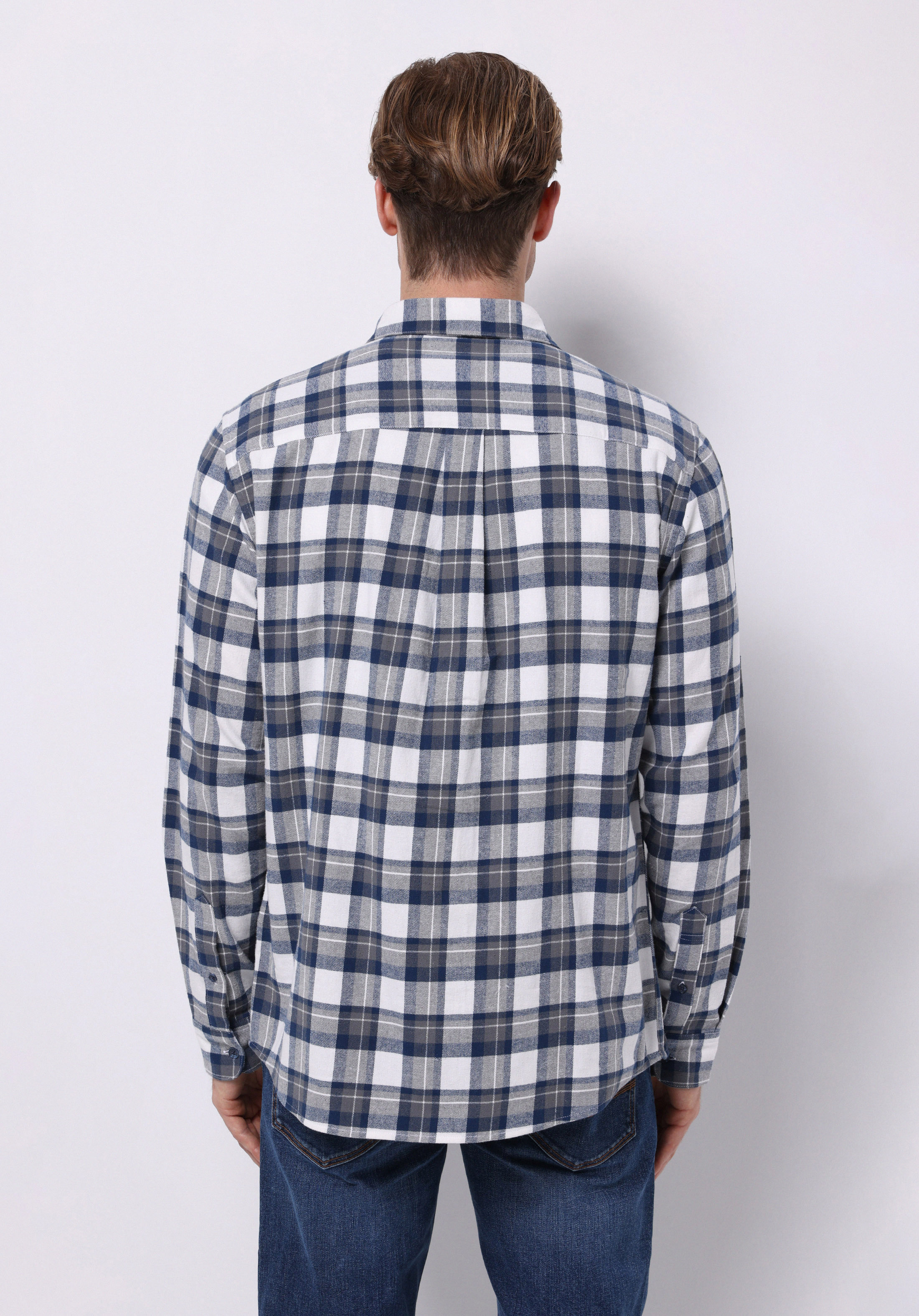 Regular Fit Shirt Neck Ekoseli Erkek Lacivert Uzun Kol Gömlek
