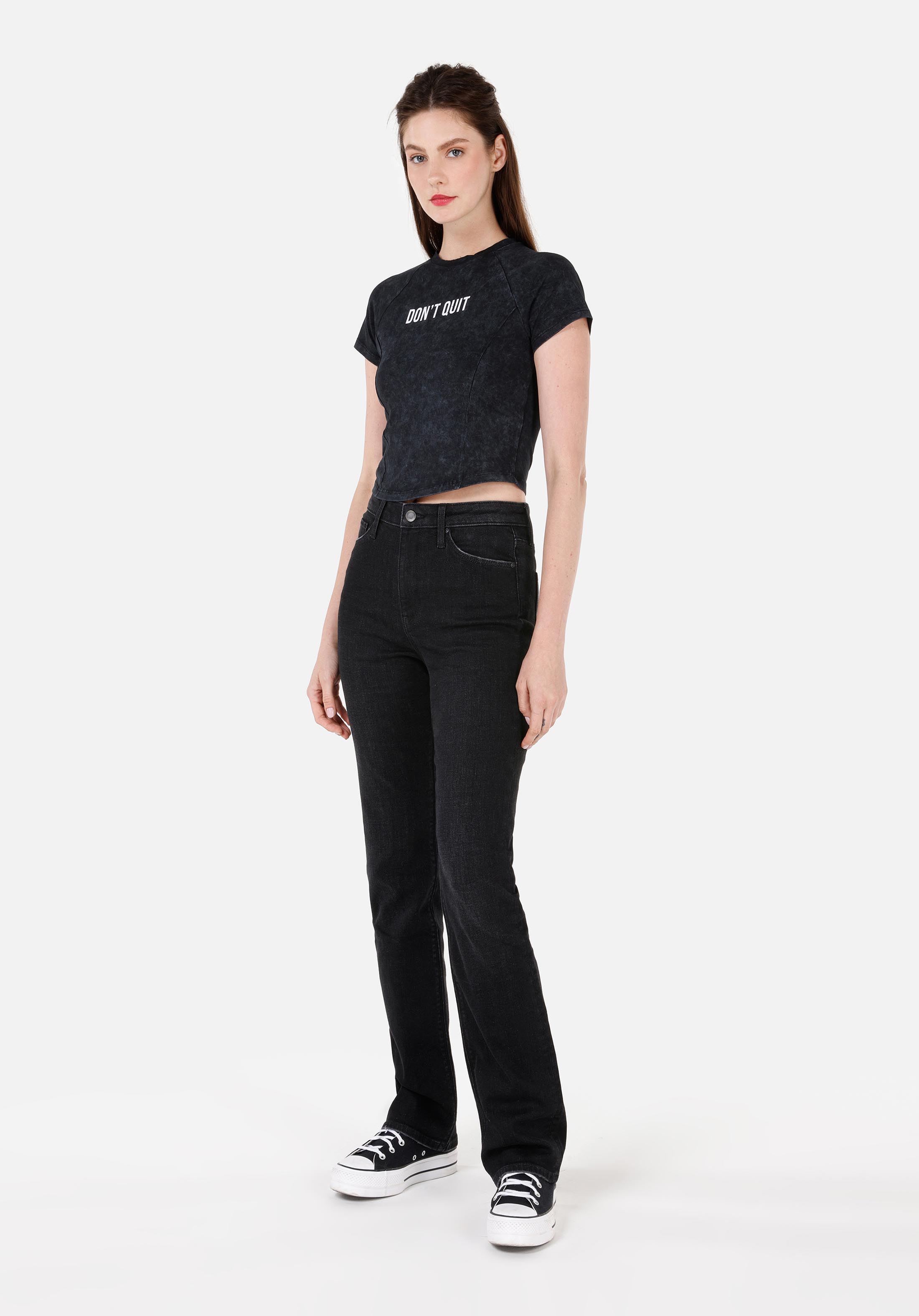 Slim Fit Yuvarlak Yaka Baskılı Kadın Antrasit Kısa Kol Tişört
