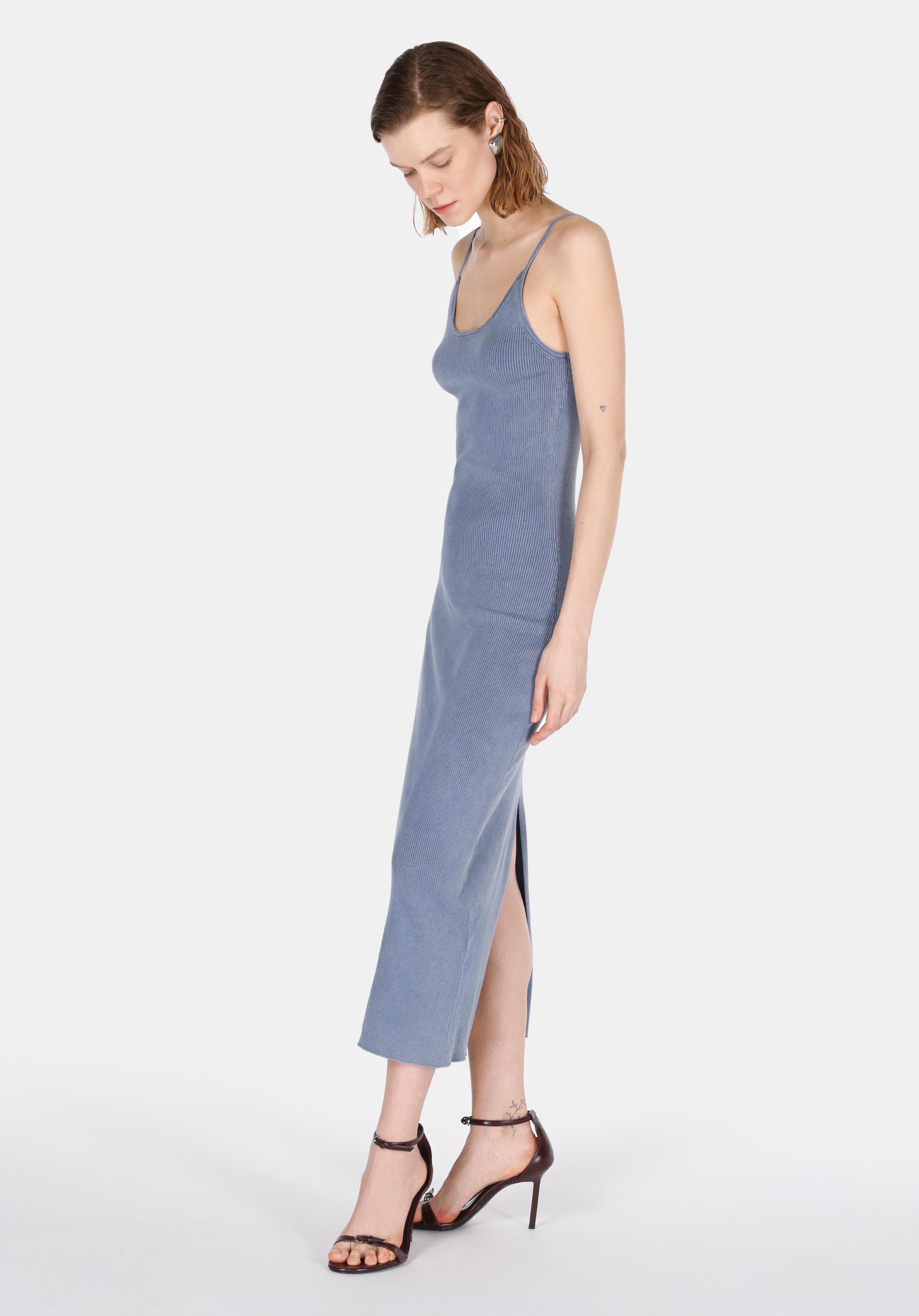 Slim Fit Düz Kadın Mavi Askılı Elbise