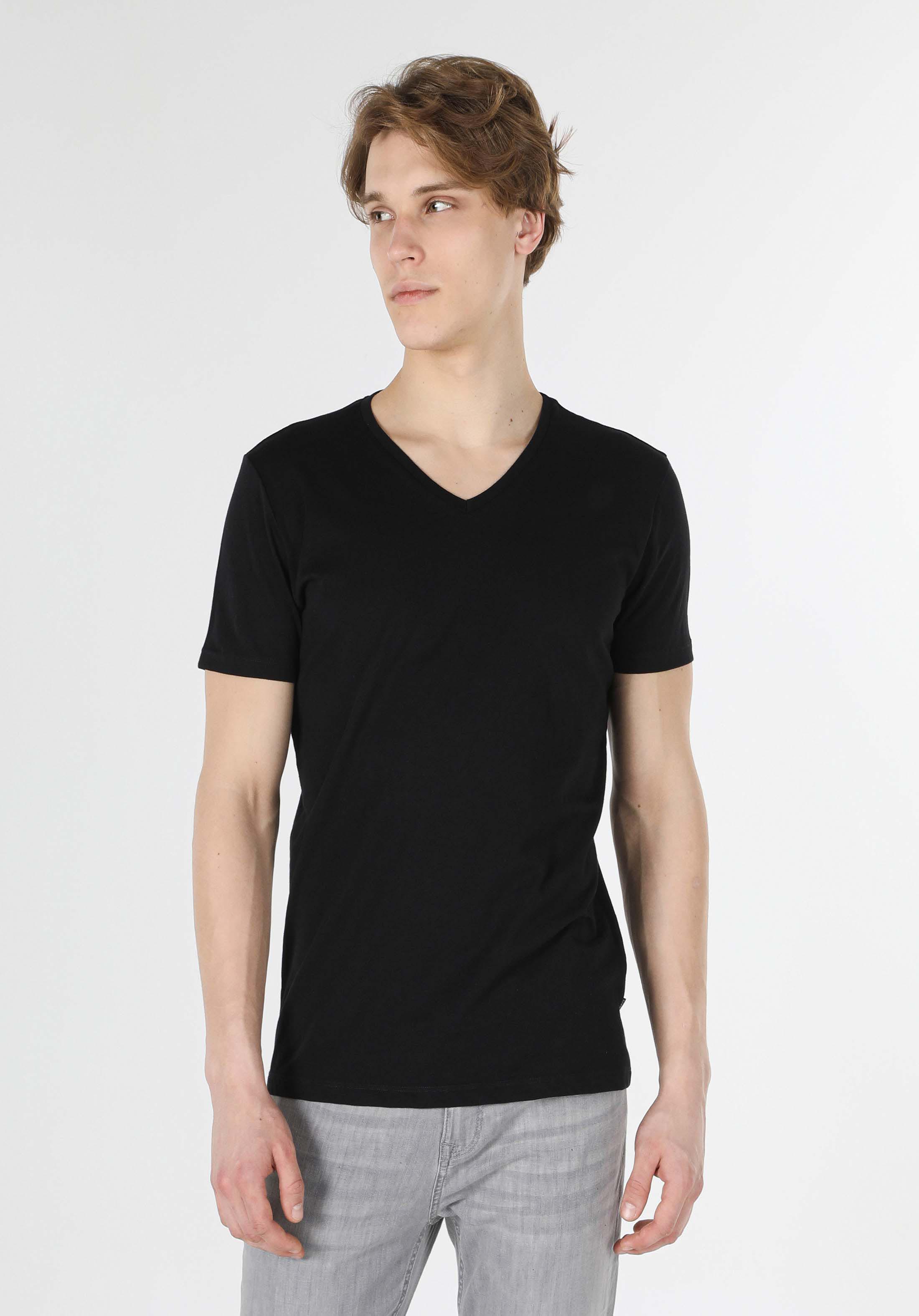 Slim Fit V Yaka  Erkek Siyah Kısa Kol Tişört Cltktmtsh0212440