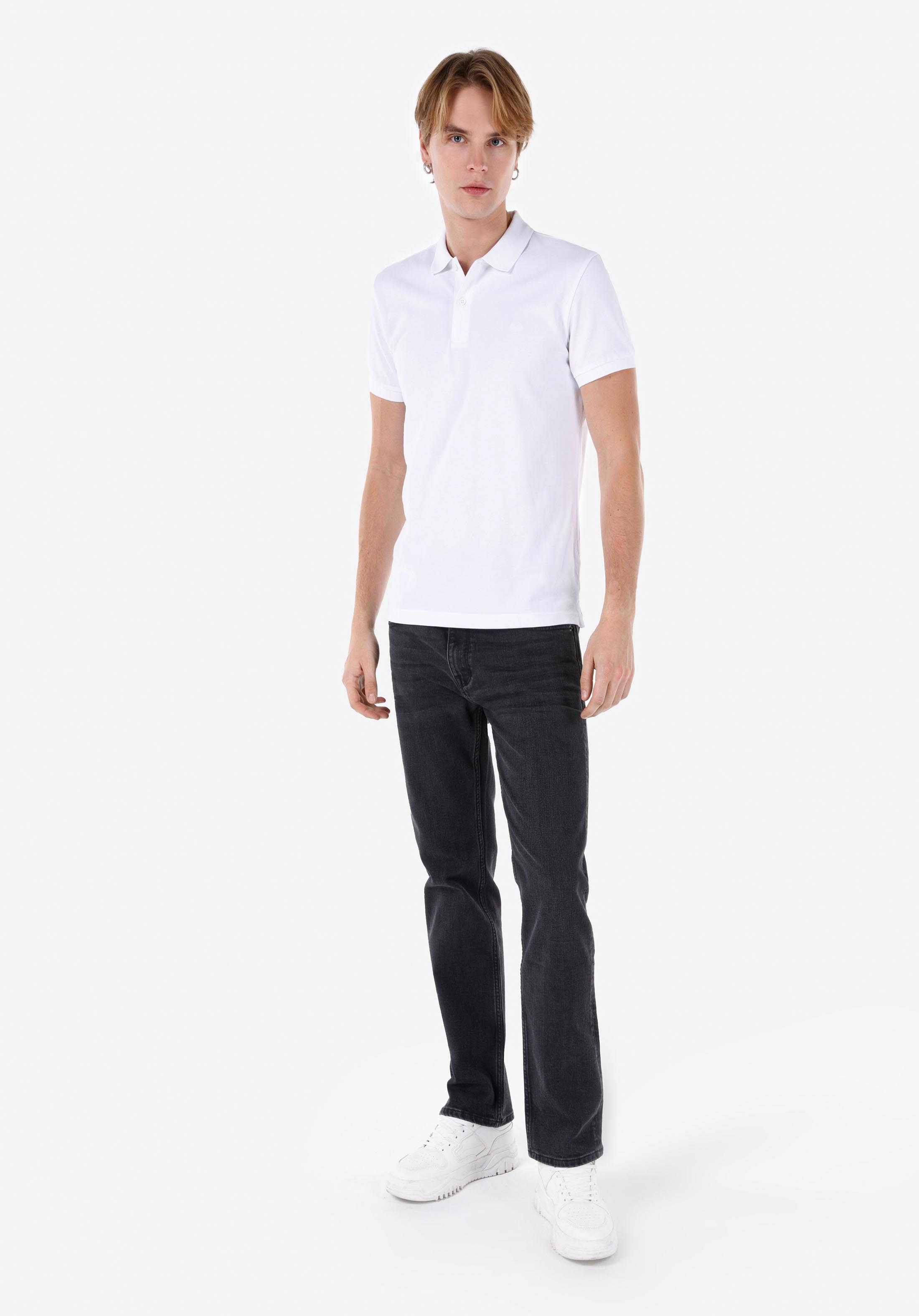 Classic Fit Polo Yaka Düz Erkek Beyaz Kısa Kol Tişört