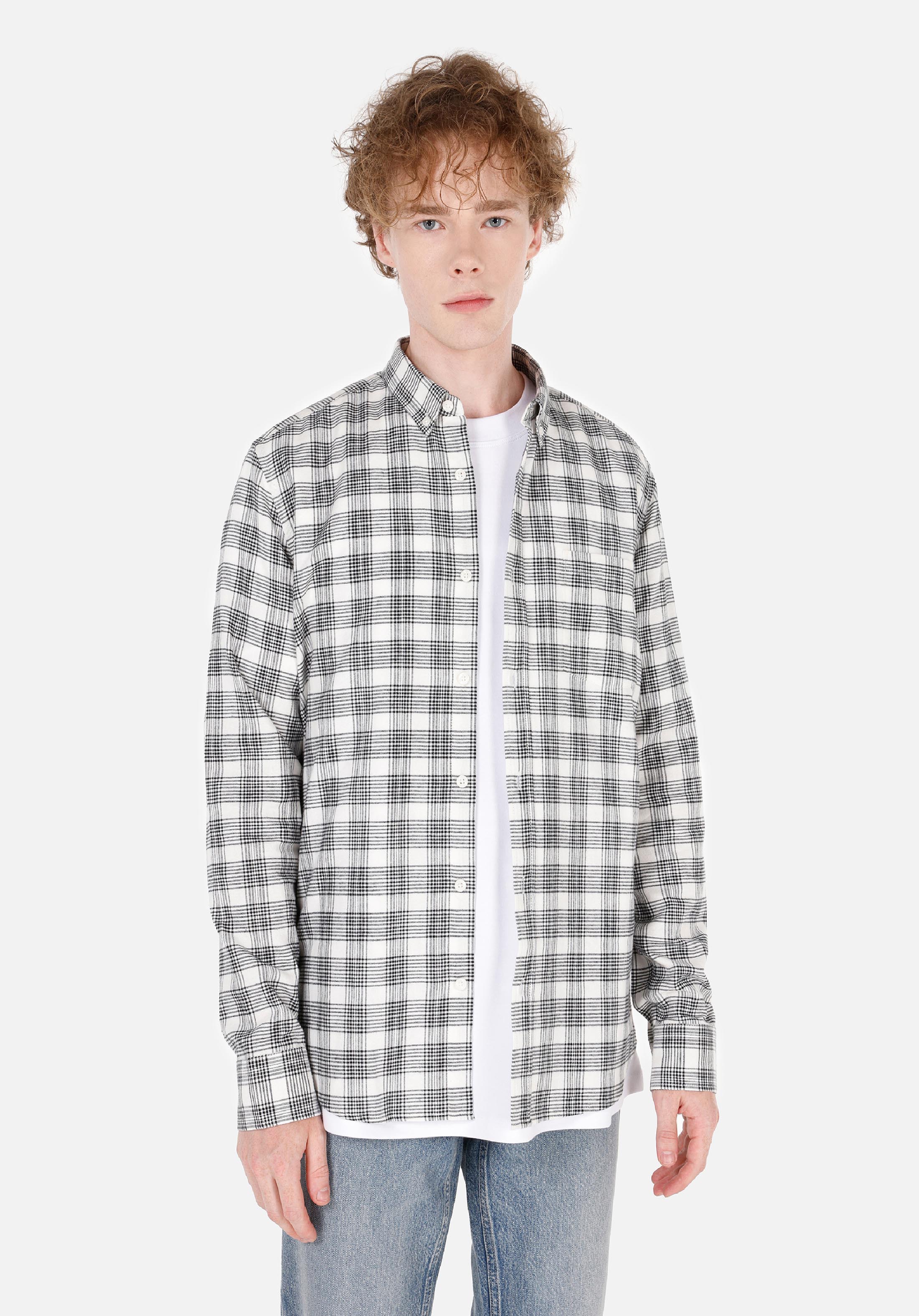 Slim Fit Shirt Neck Ekoseli Erkek Ekru Uzun Kol Gömlek